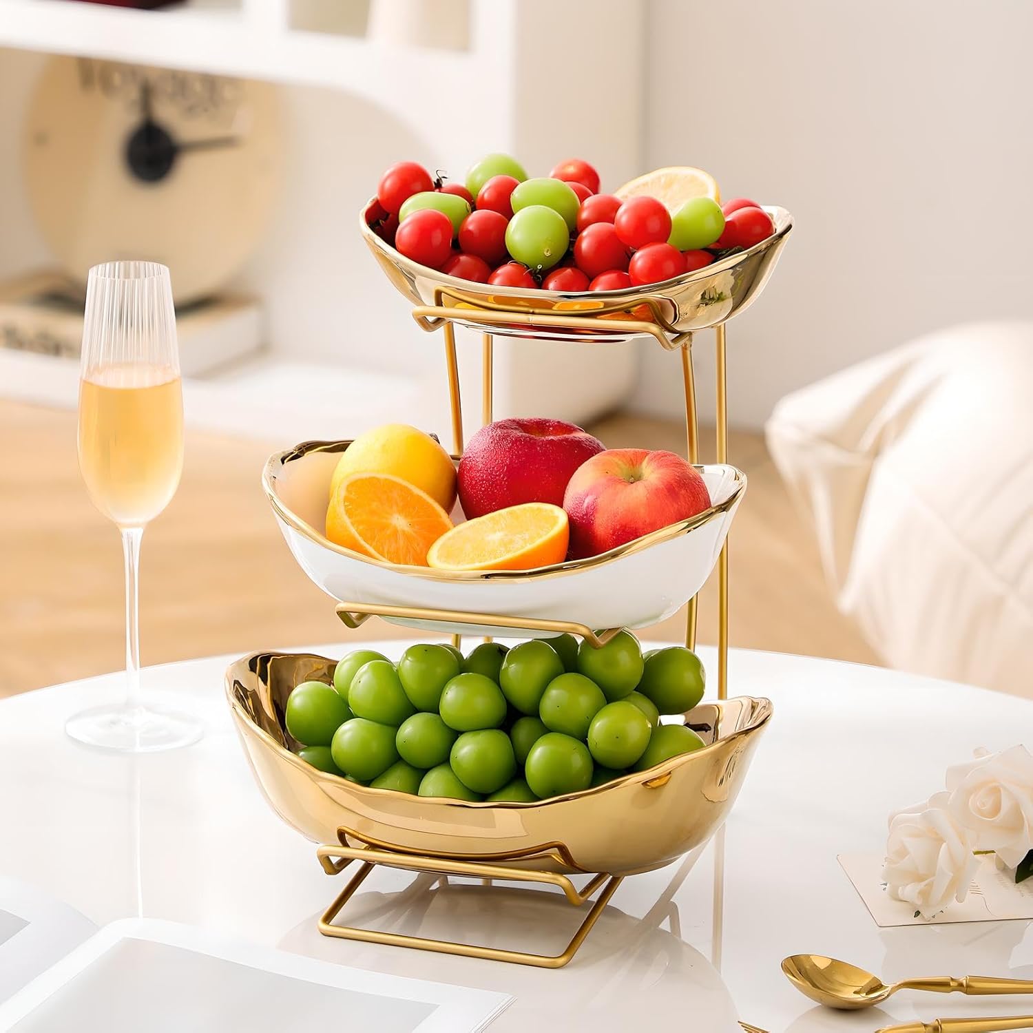 Gold Silver Fruit Bowl with Metal Stand, 3 Tier Ceramic White Fruit Bowl Fruit Rack for Kitchen Counter, Tiered Fruit Basket for Snacks Bread Candy Storage (Gold (Smooth Surface))