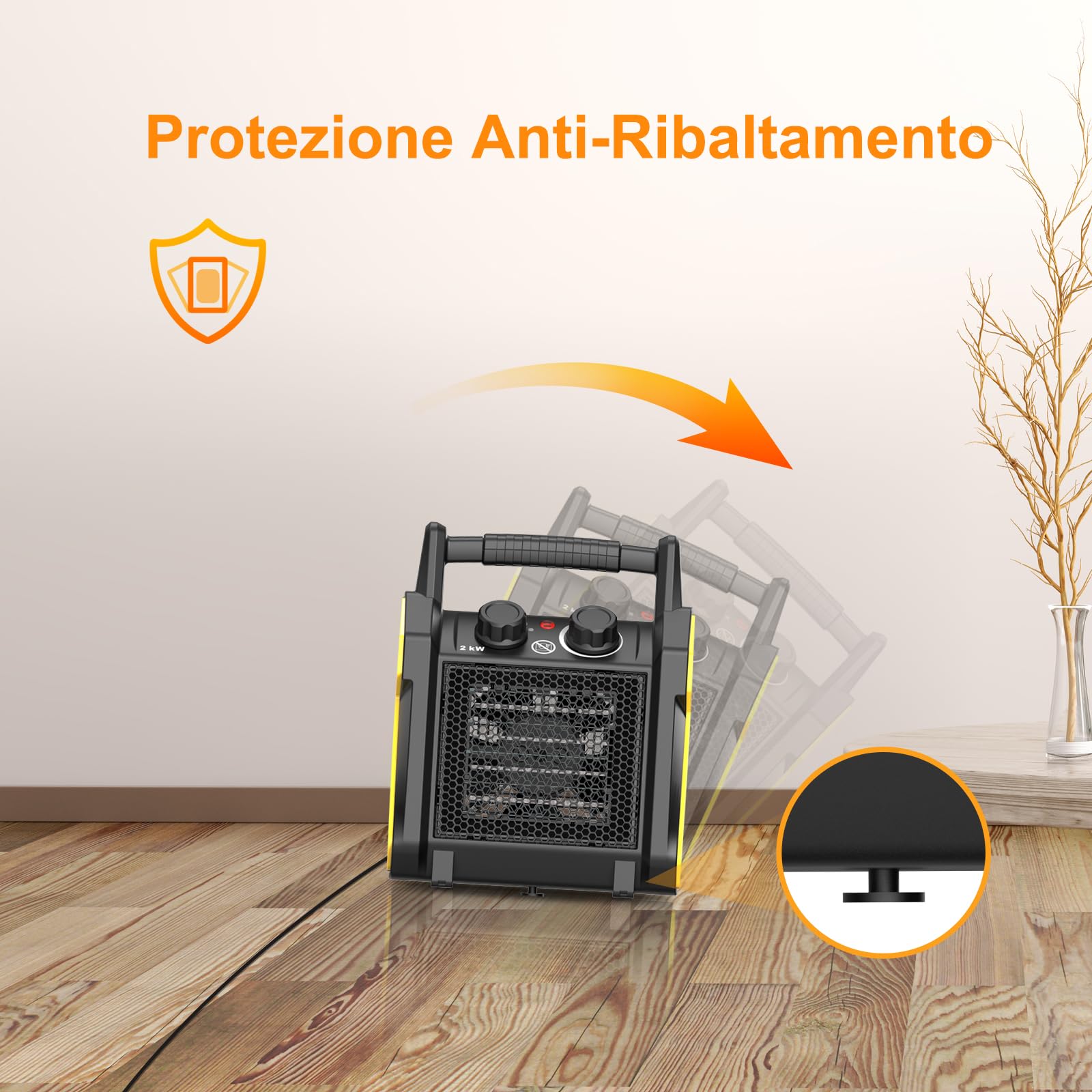 Termoventilatore Ceramico 2000W - Mini Compatto Stufa Elettrica - Protezione dal Ribaltamento & Termostato - per Casa, Bagno o Officina