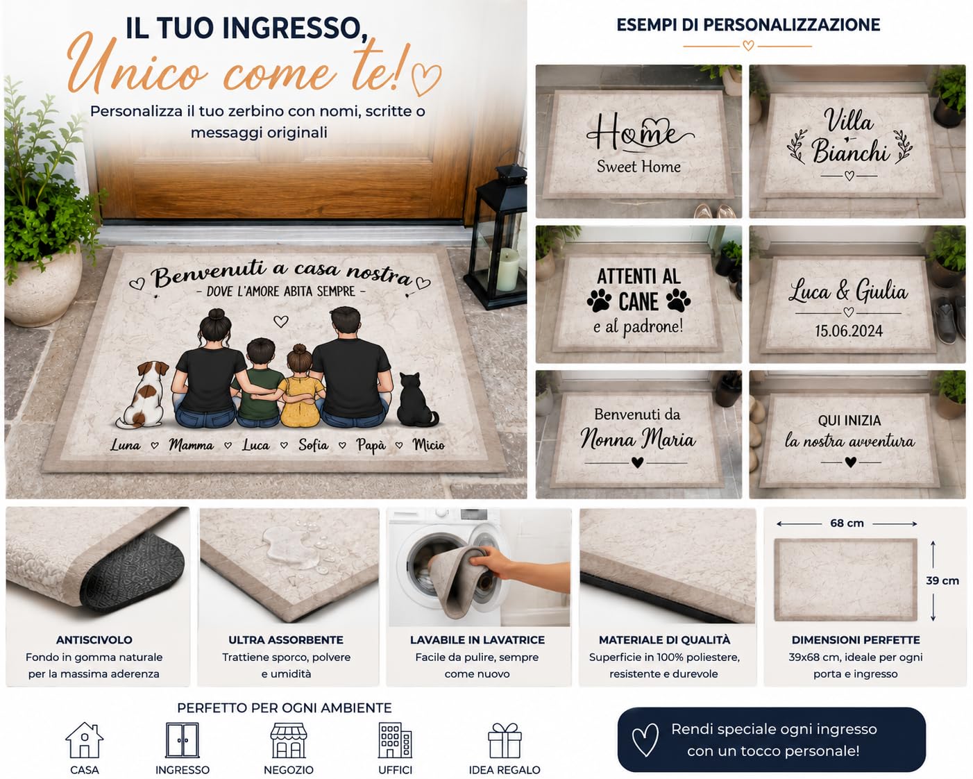 Zerbino Personalizzato 39x68 cm – Tappeto ingresso Esterno/Interno con Nome, Testo, Antiscivolo, Ultra Assorbente, Lavabile in Lavatrice, Fondo in Gomma Naturale (Pietra Bianca, Personalizzato)
