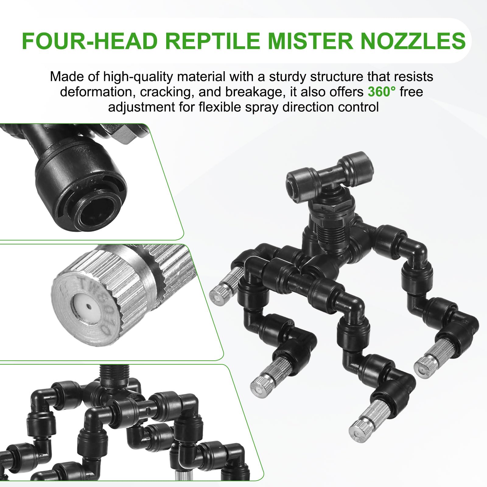 Dysze zraszające dla gadów, miedziane, 0,8 mm, 1/4" z czterema głowicami i filtrem do terrarium/wiwarium, dysza regulowana w zakresie 360 stopni [czarne]