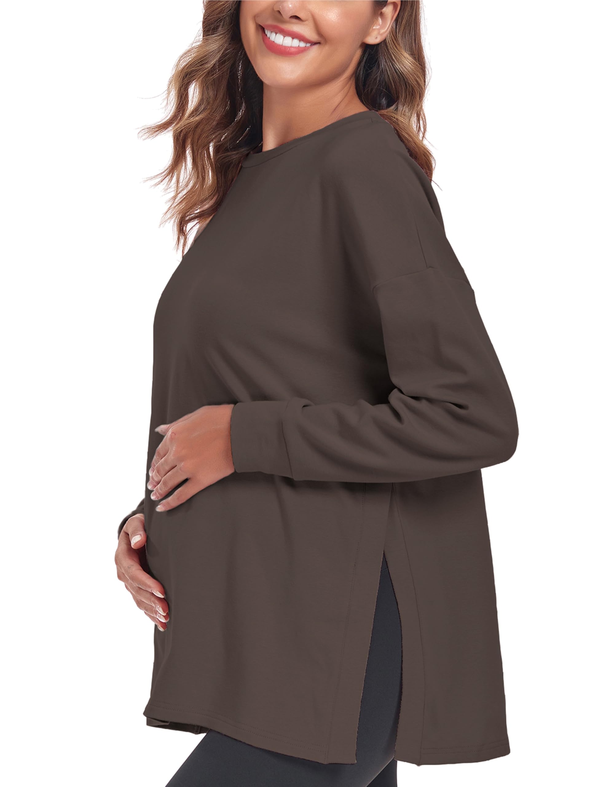 Haut de maternité à manches longues pour femme - Coupe ample - T-shirt de maternité fendu sur le côté - Haut d'allaitement