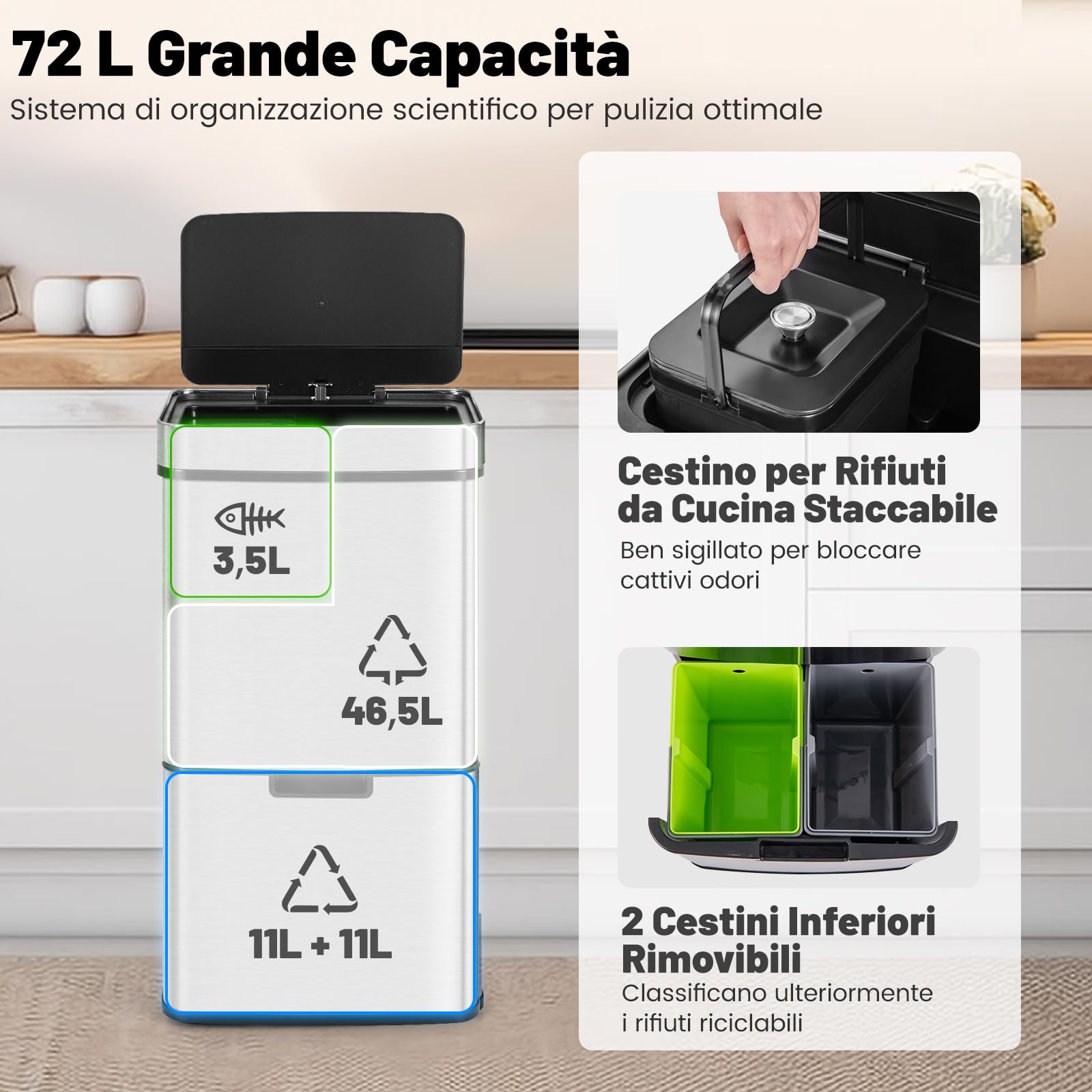 COSTWAY 72L Pattumiera Differenziata, Bidone della Spazzatura in Acciaio Inox con 3 Scomparti e Sensore di Movimento, Coperchio a Chiusura Morbida, Ideale per Casa Ufficio (Argento)