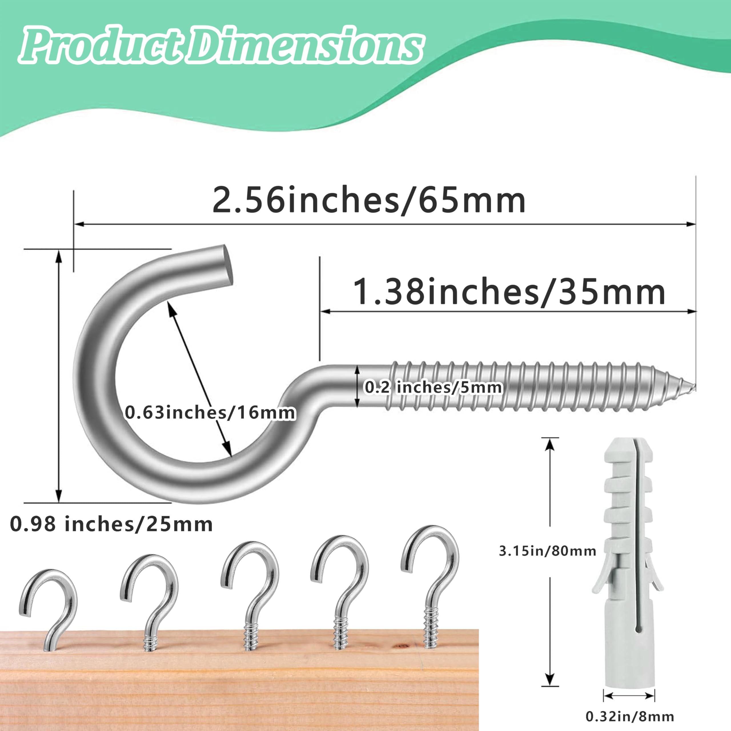 M5 x 65 15 ganci a vite in acciaio inox, ganci per viti, viti a gancio per soffitto ed esterni, per piante sospese, tazze da tè, chiavi