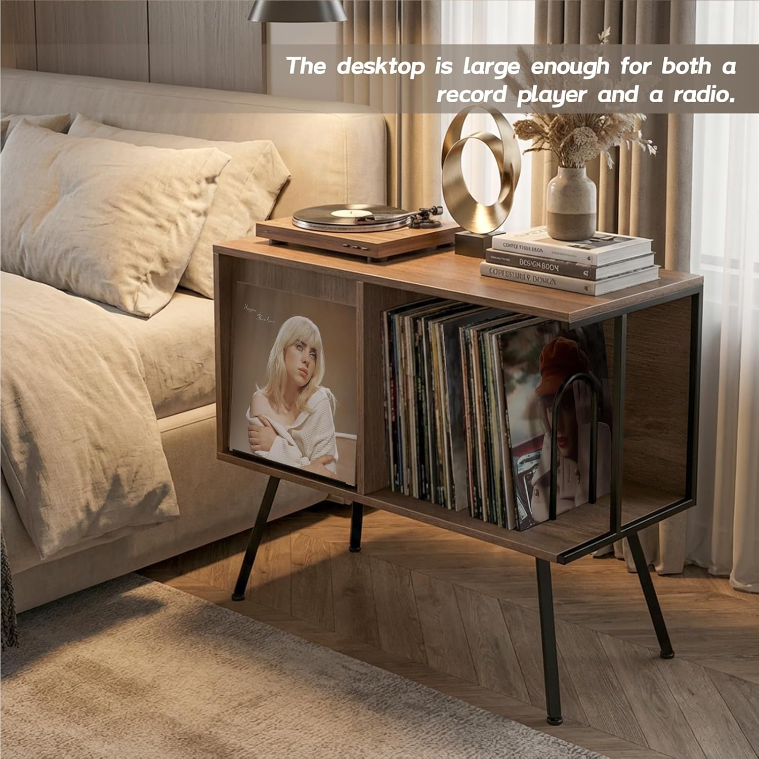 Faesun Flip Top Record Player Stand, Large Turntable Stand Holds up to 150+ Albums, Vintage Mid Century Record Player Table, Stereo Cabinet with Open Storage, for Living Room, Bedroom, Walnut