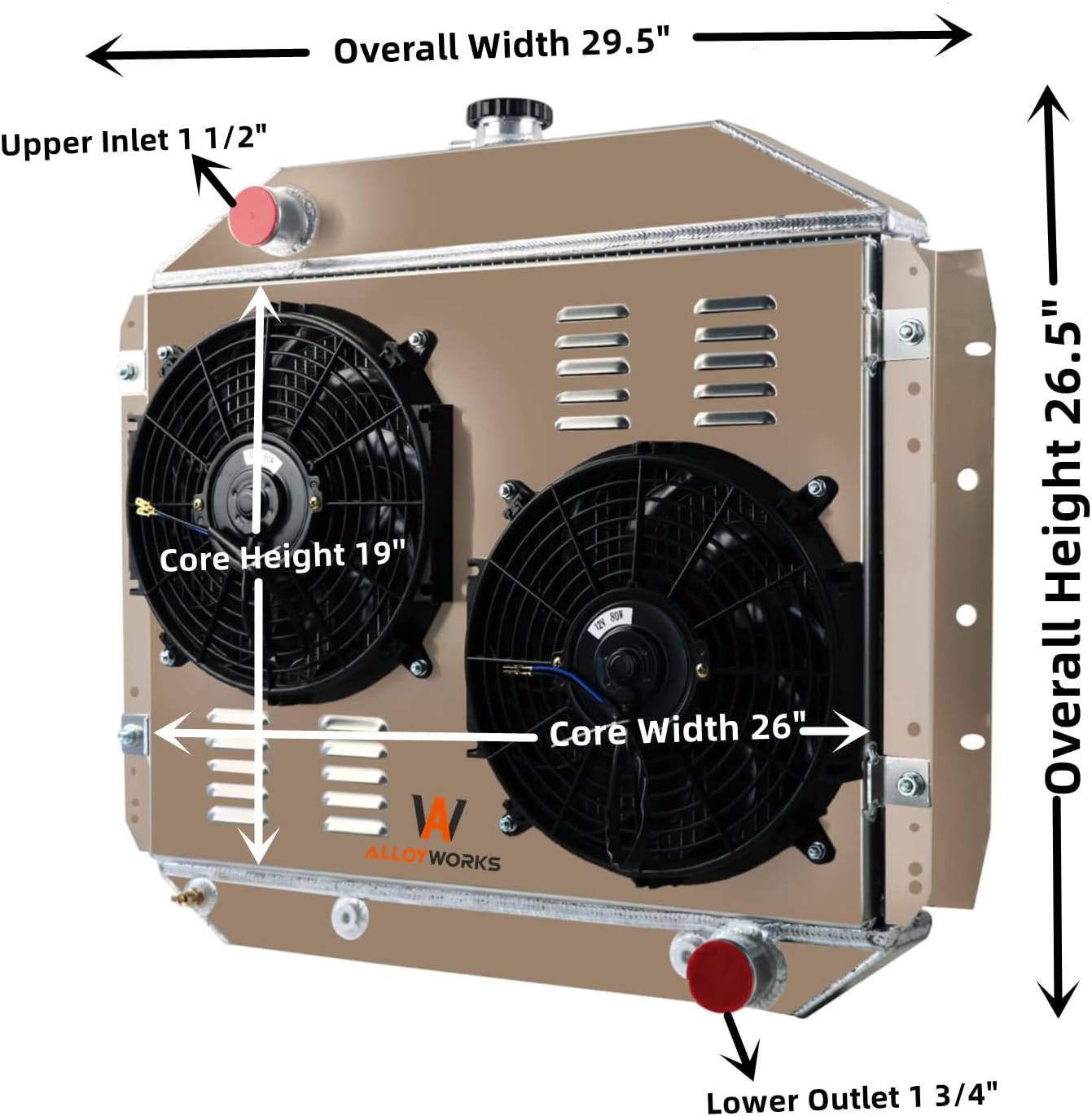 ALLOYWORKS CC833 Aluminum Radiator Compatible with 1966-1979 Ford F-100 F-150 F-250 F-350 1978-1979 Ford Bronco Truck Downflow Radiator, 4 Row Radiators, Shroud Fan Relay Kit, L6 V8 Chevy Engines Only