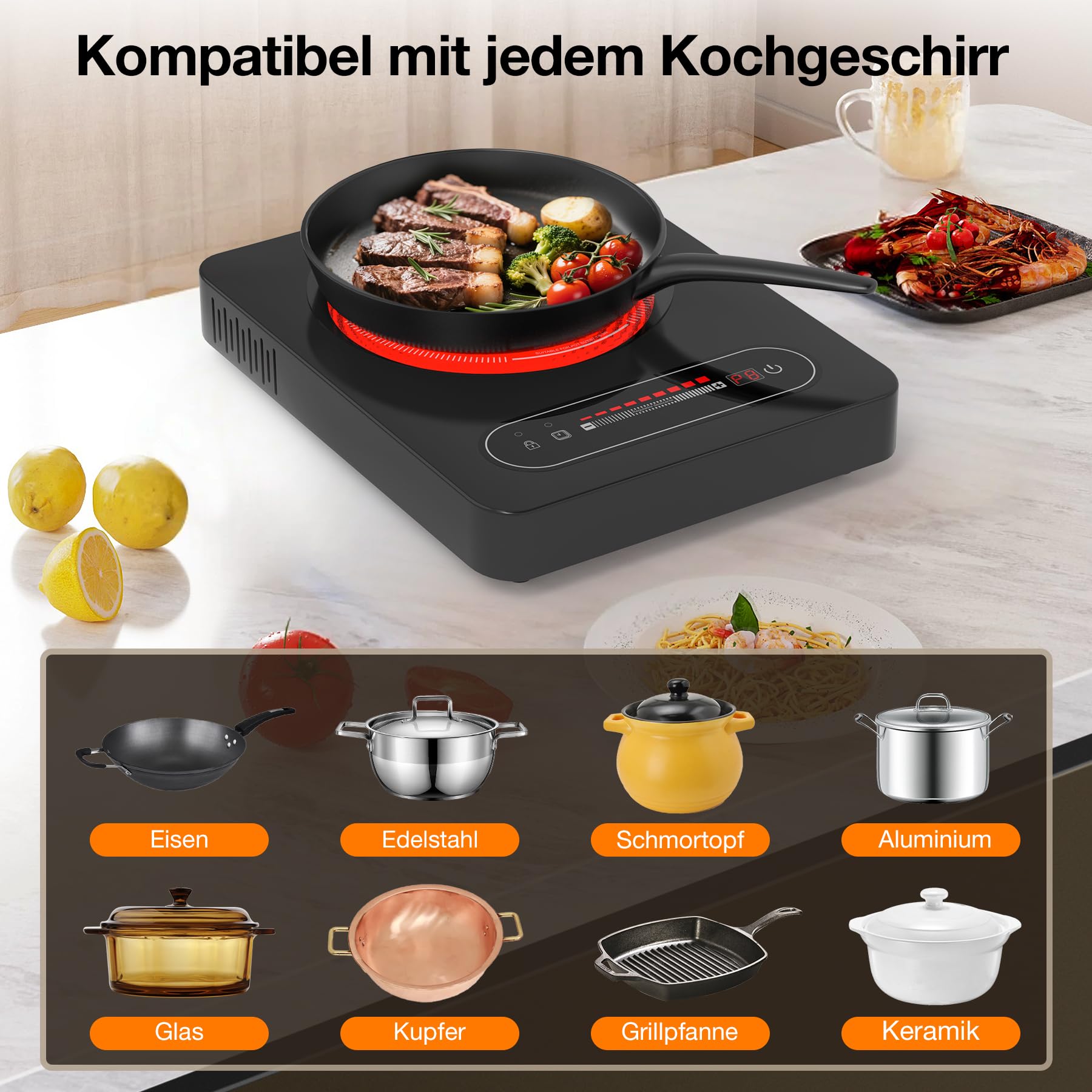 Glaskeramikkochfeld 1 Platte, 2000W Elektrische Einzelkochplatte 36 cm 220-240V mit Touch-Schieberegler, Kindersicherung & Timer - Tragbares Infrarotkochfeld für Wohnmobil, Zimmer, Singleküche