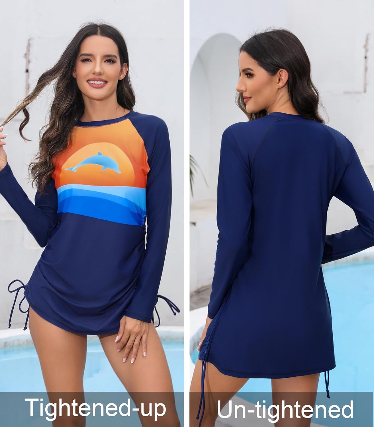 Halcurt Women's Long Sleeve Rash Guard Swim Shirt with Tie Drawstring UPF 50+ Sun Protection Swimsuit Top - Image 2