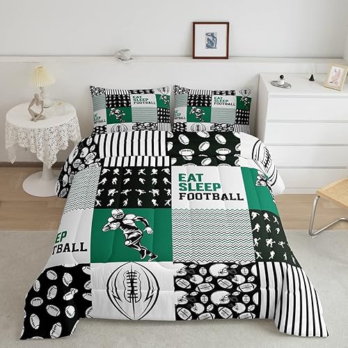 Erosebridal Juego de edredón de fútbol para niños, juego de ropa de cama de fútbol para niños, jóvenes, negro, verde, retazos, geométrico, a rayas,