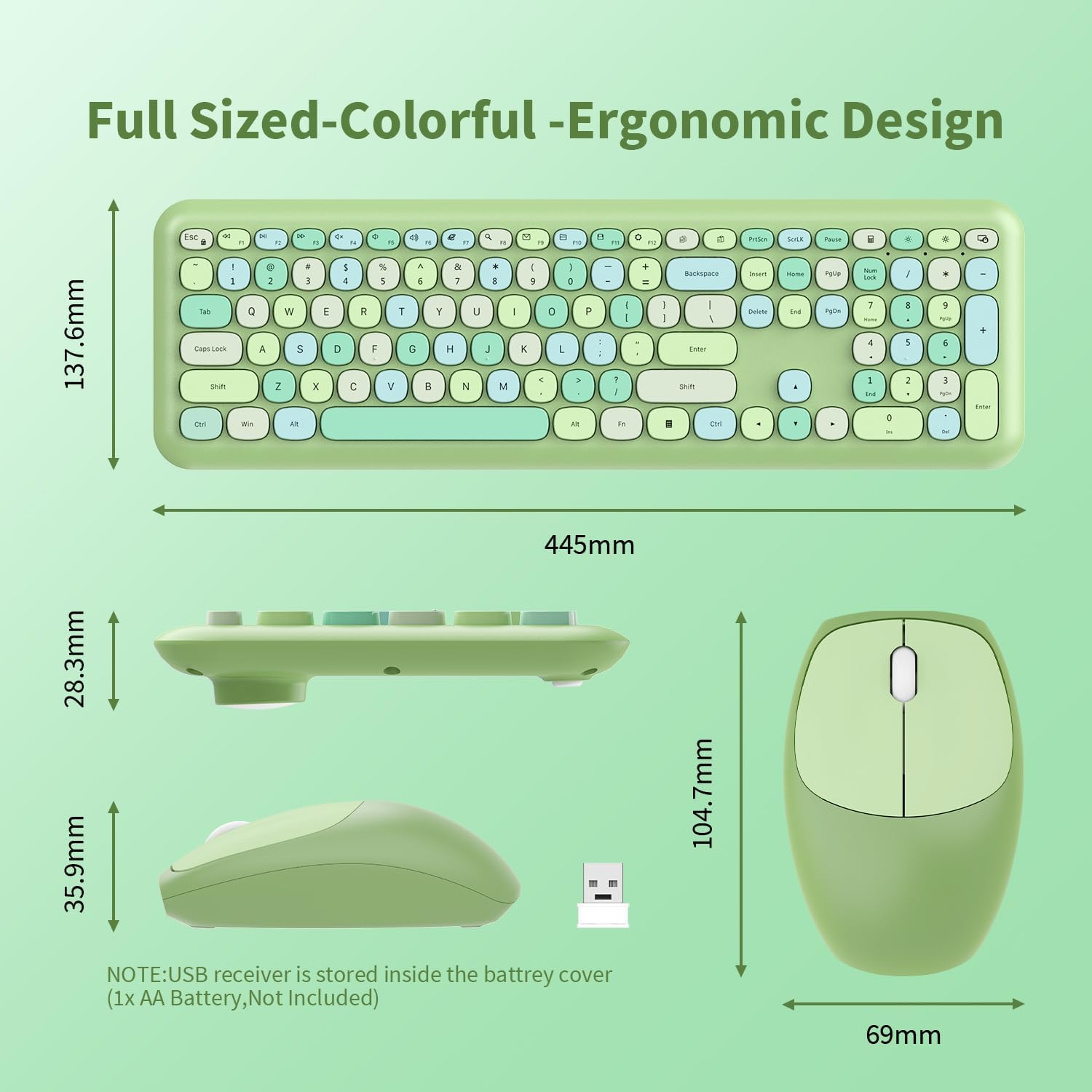 Keyboard ONLY Full-Sized Colorful with Retro Typewriter Flexible Round Keys for Windows, Computer, Laptops, PC Green Colorful