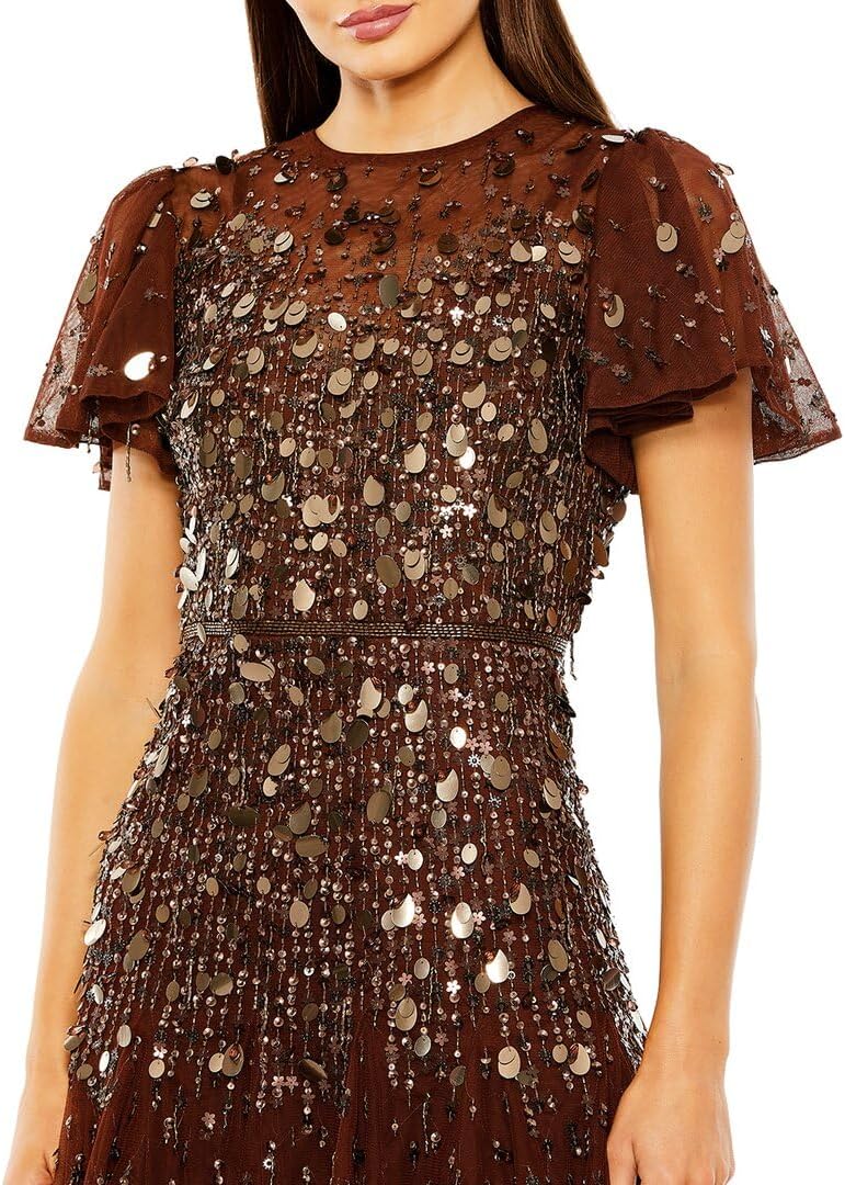 Beaded Brown High Neck Flutter Sleeve Dress by Mac Duggal - Image 3