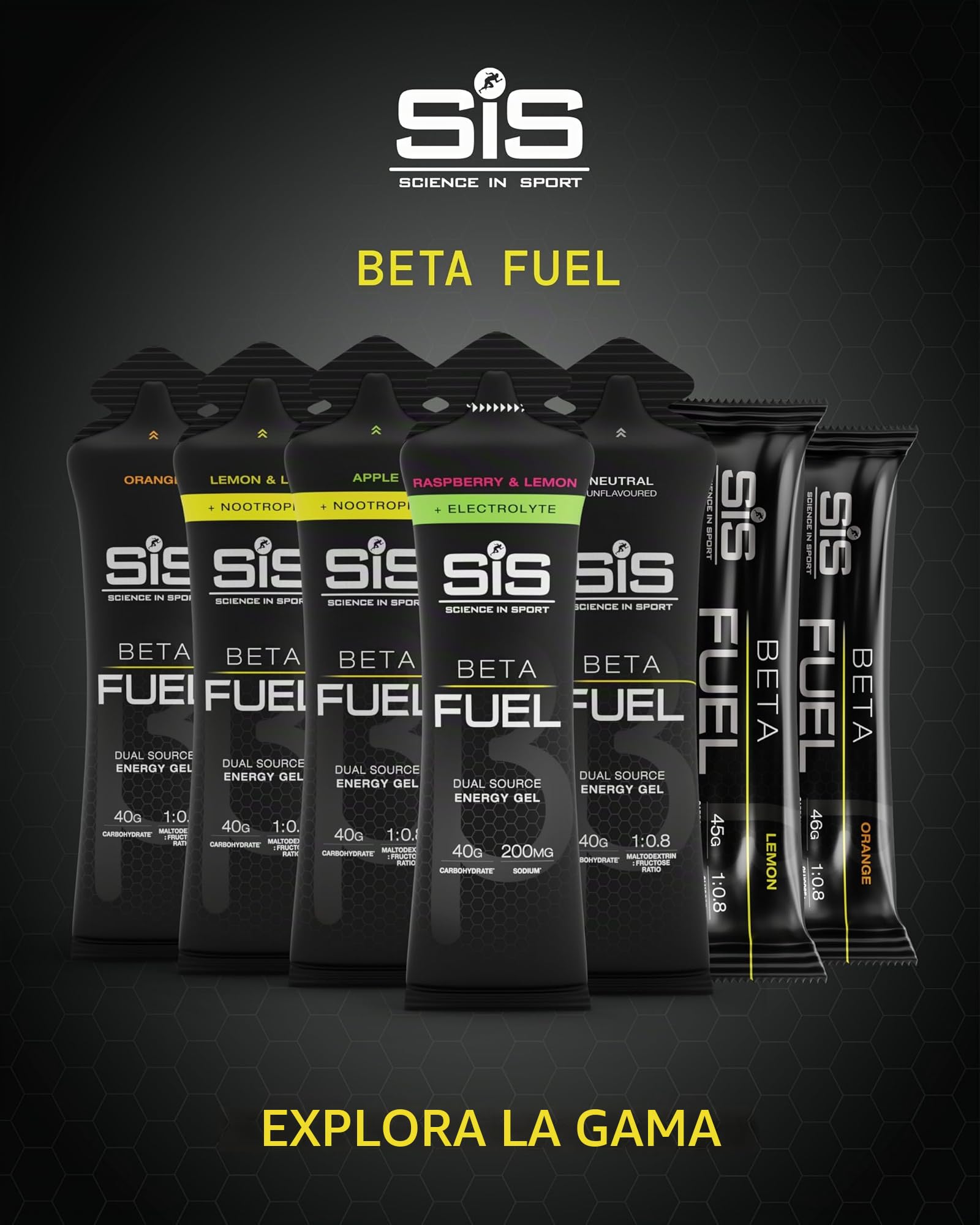 Science in Sport BETA Fuel + Electrolyte Gel – frambuesa y limón | 40g carbohidratos, 200mg sodio – ideal para resistencia e hidratación (paquete de 30)