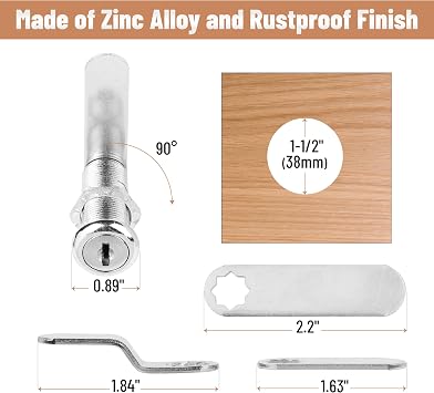Bates- Cabinet Locks with Keys, 1-1/2, 2 Pack, Long Cam Locks for Cabinets Keyed Alike, File Cabinet Lock with Key
