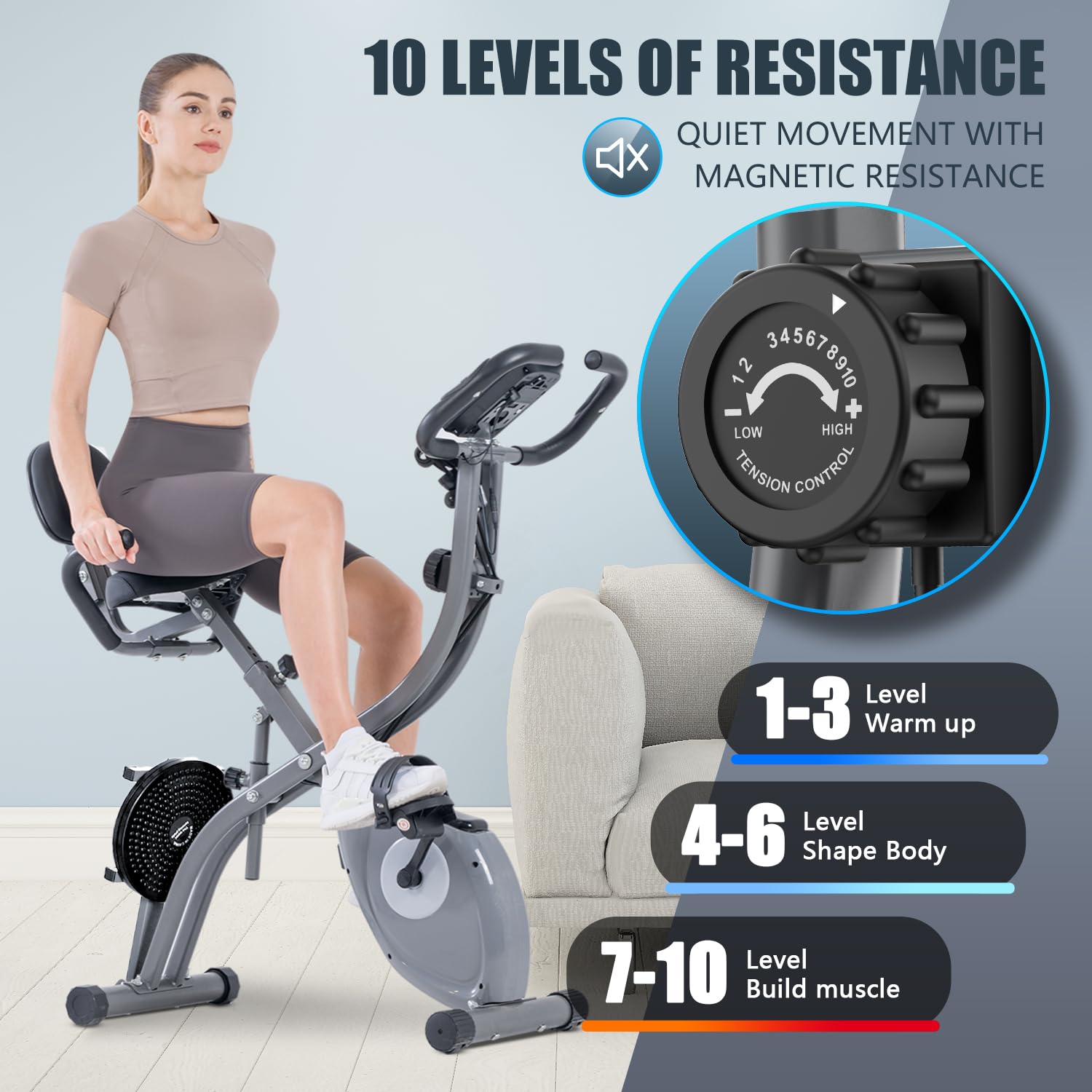 Bicicleta estática 3 en 1 con aplicación, plegable en interiores con disco de cintura giratoria, pantalla digital y resistencia magnética de 10 niveles