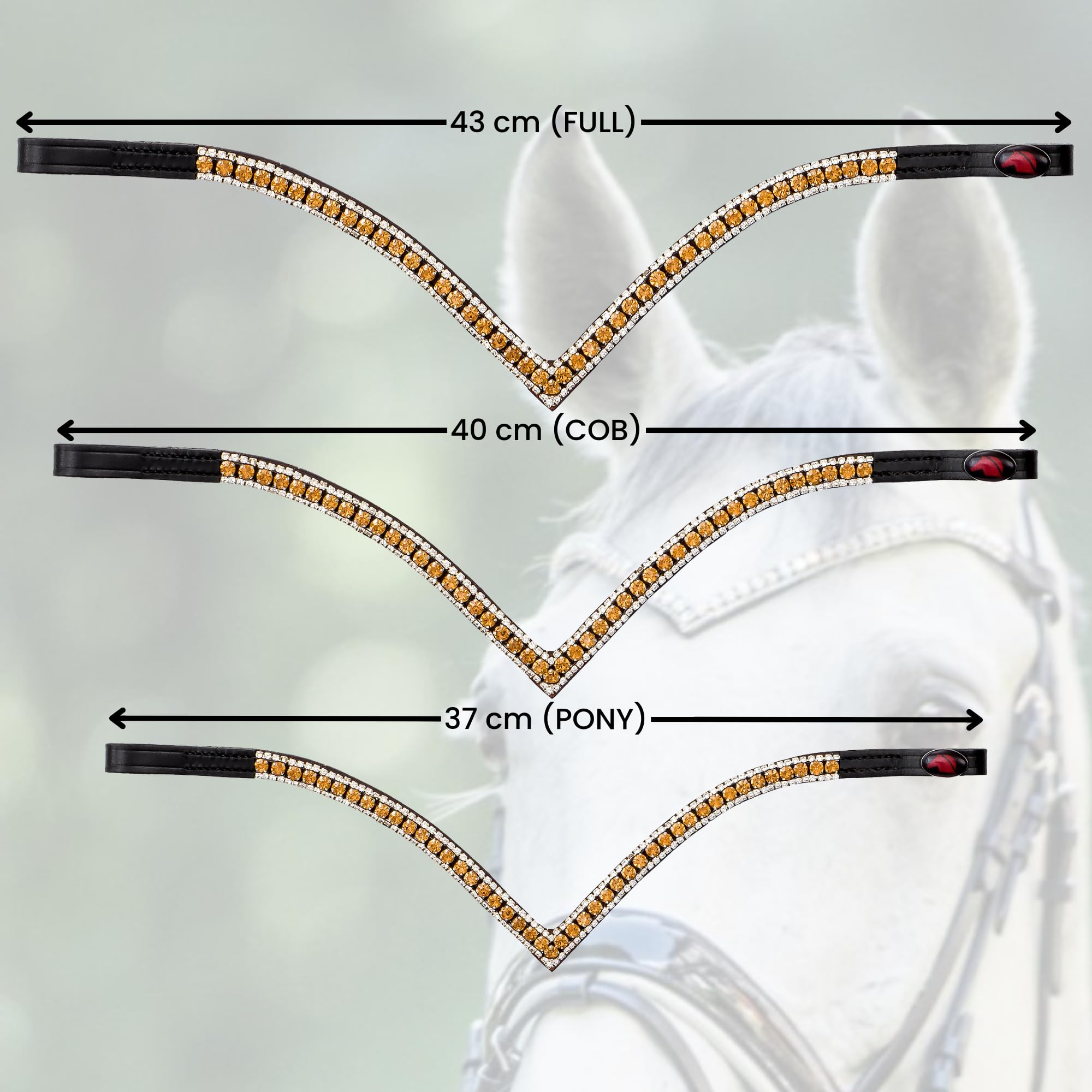 Start Stirnriemen Pferd Glitzer – geschwungenes Diamond Stirnband aus Leder | Größen: Pony, Vollblut & Warmblut – Funkelnder Turnier-Look (Braun/Schimmer, Full (Warmblut))