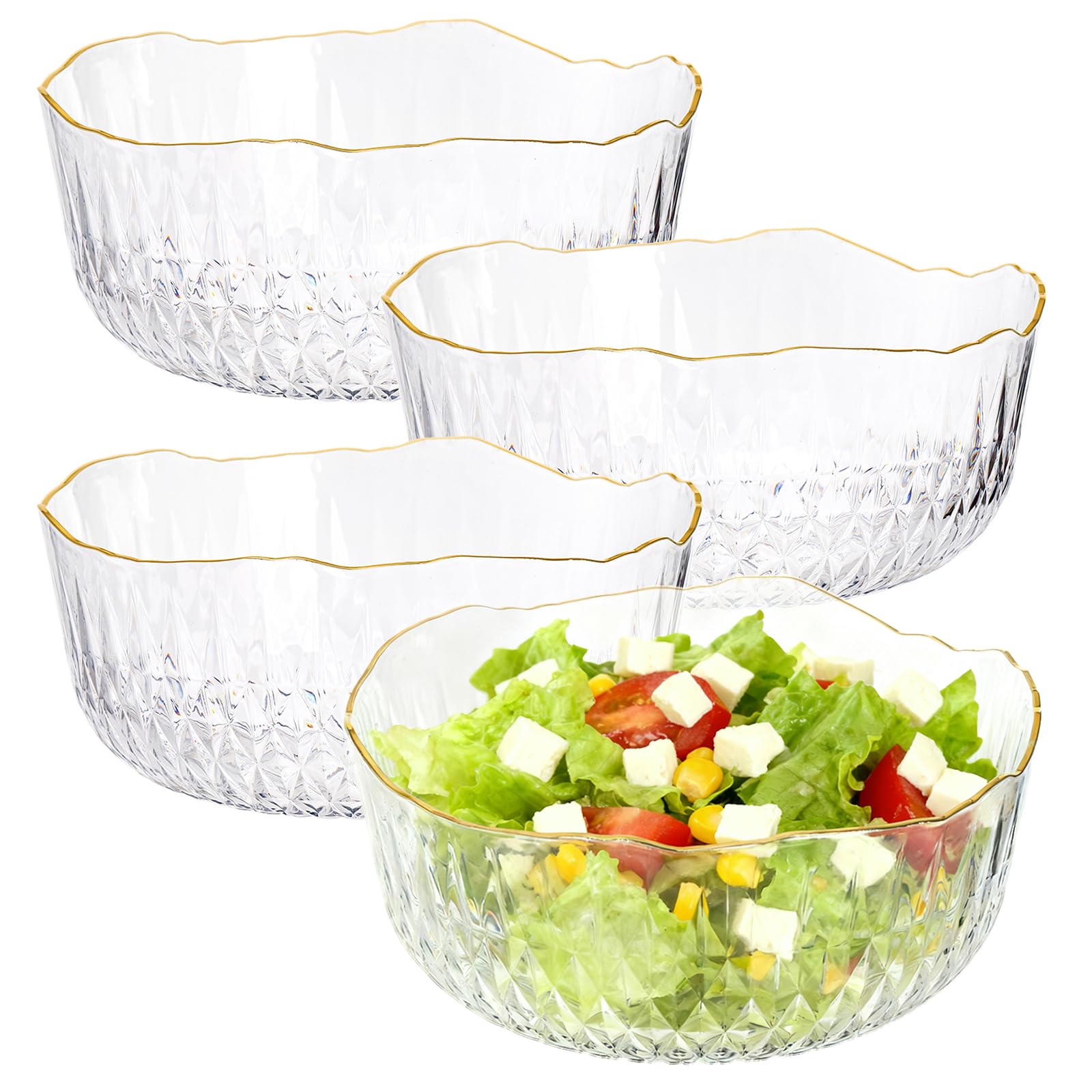 Frcctre 4 Pack Clear Salad Serving Bowls, 70 Ounce Crystal Mixing Bowl, 9 Inch Round Bowls Reusable Catering Bowls for Party, Salad, Fruit, Snack, Chip, Popcorn
