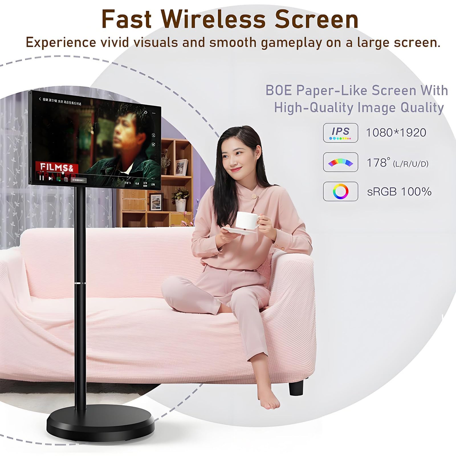 Televisor Portátil Inteligente De 21.5 Pulgadas con Pantalla Táctil Y Soporte Giratorio para Exteriores con Cámara De 8 MP Y Soporte Ajustable 6+128G