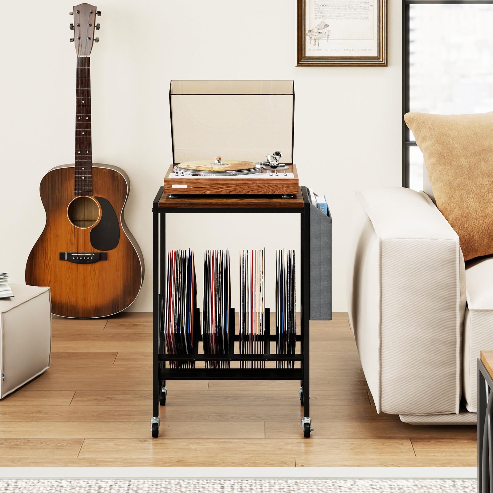 GIANTEX Mobile Porta Vinili con Ruote e Tasca Laterale, Mobile Porta Vinili per 200 Album CD, Struttura in Metallo, Supporto per Giradischi per Soggiorno, Sala Musica (Marrone)