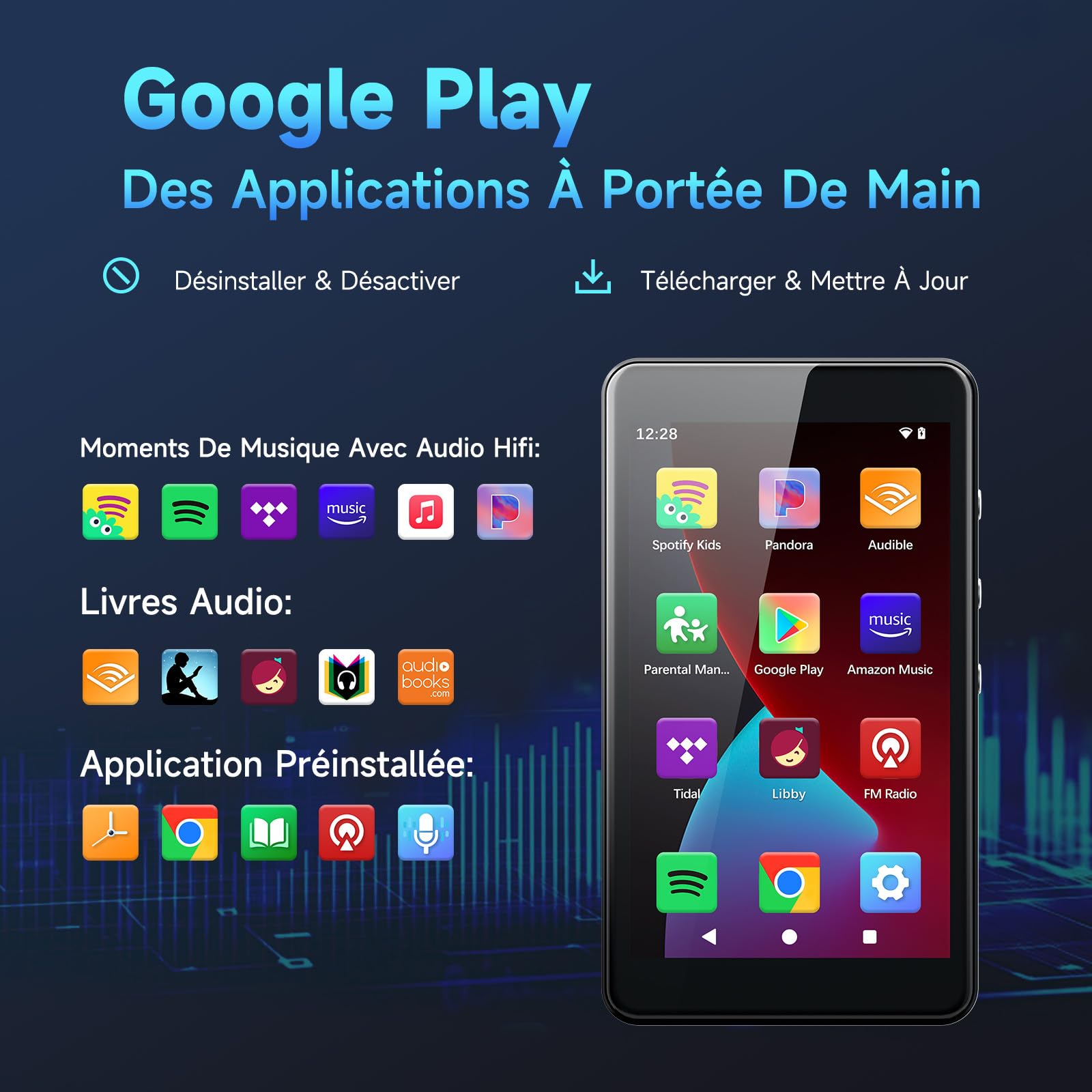 Lecteur MP3 Android 14 avec Spotify, Play Store, Amazon Music, Audible, Libby, Lecteur MP4 à écran Tactile 4 Pouces pour Enfants avec contrôle Parental, Mode Eye-Care (Noir Brillant)