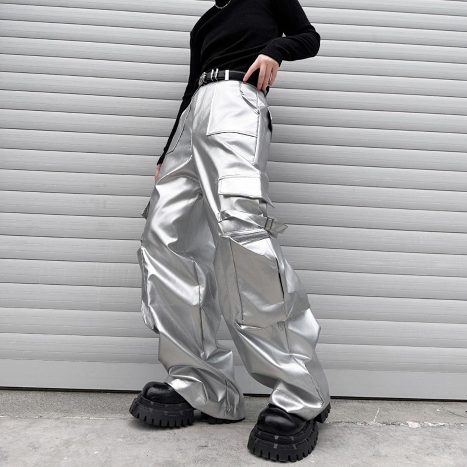 Generisch Pailletten Hose Herren Glänzend Metallic Hose Pailletten Abendkleid Fasching Karneval Kleidung Techno Outfit Nightclubhose Festliche Rave Outfit Partywear für Männer Palazzohose