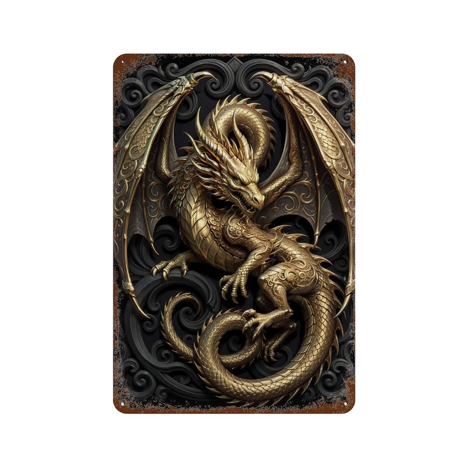 Art Deco Golden Dragon Rust Effect Tin Sign 11.8"x7.9", Vintage Wall Decor for Pub, Kitchen And Man Cave Decor