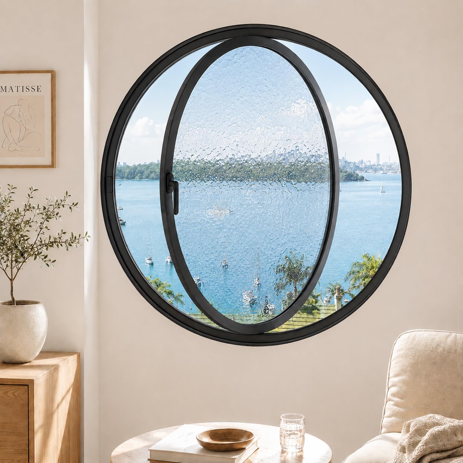 Fenêtre ronde en verre trempé 80cm avec cadre noir en alu