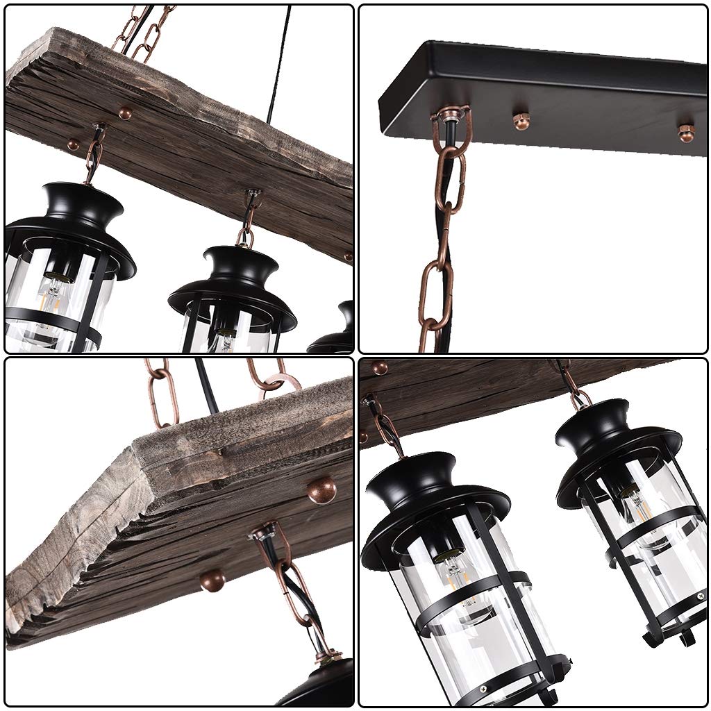 Lámpara Pendiente de La Vendimia de Metal Negro Lámpara de Techo de Vidrio Industrial y Madera Rústica Candelabros Altura Ajustable Para E27 Bombilla Para La Cocina Habitación Salón Lámpara Colgante