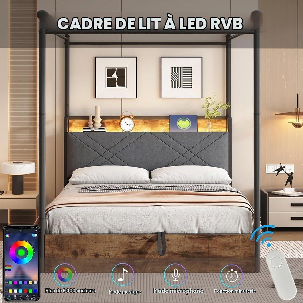 Sweiko Lit Simple Multifonctionnel en Fer 140 * 190 cm, Cadre de lit pour Adolescent avec mécanisme de Levage hydraulique, Espace de Rangement et baldaquin en Fer forgé, avec Montants Amovibles