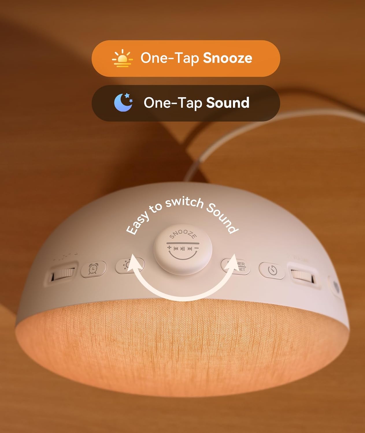 A dalt view of Dreamegg Sunrise 2 showing the snooze/pause button, dimmer/time set, light button, alarm button, volume roller, light brightness roller, and favorite button.