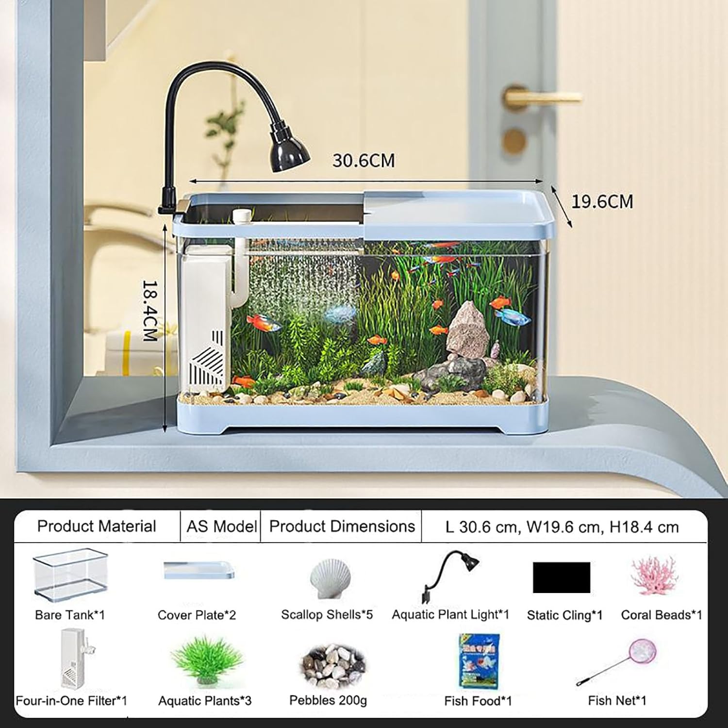 Fish Tank,Dual Rain Filtration, Fish Tank with Filteration, Oxygenation, Water Circulation, Lighting,Shatter-Resistant & Leak-Proof Base(Small)