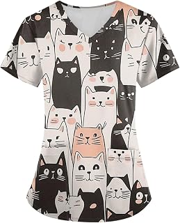 Scrub Tops Women Short Sleeve Plus Size V-Neck Fun Printed Scrubs Top Medical Nursing Uniforms with Pockets S-5Xl