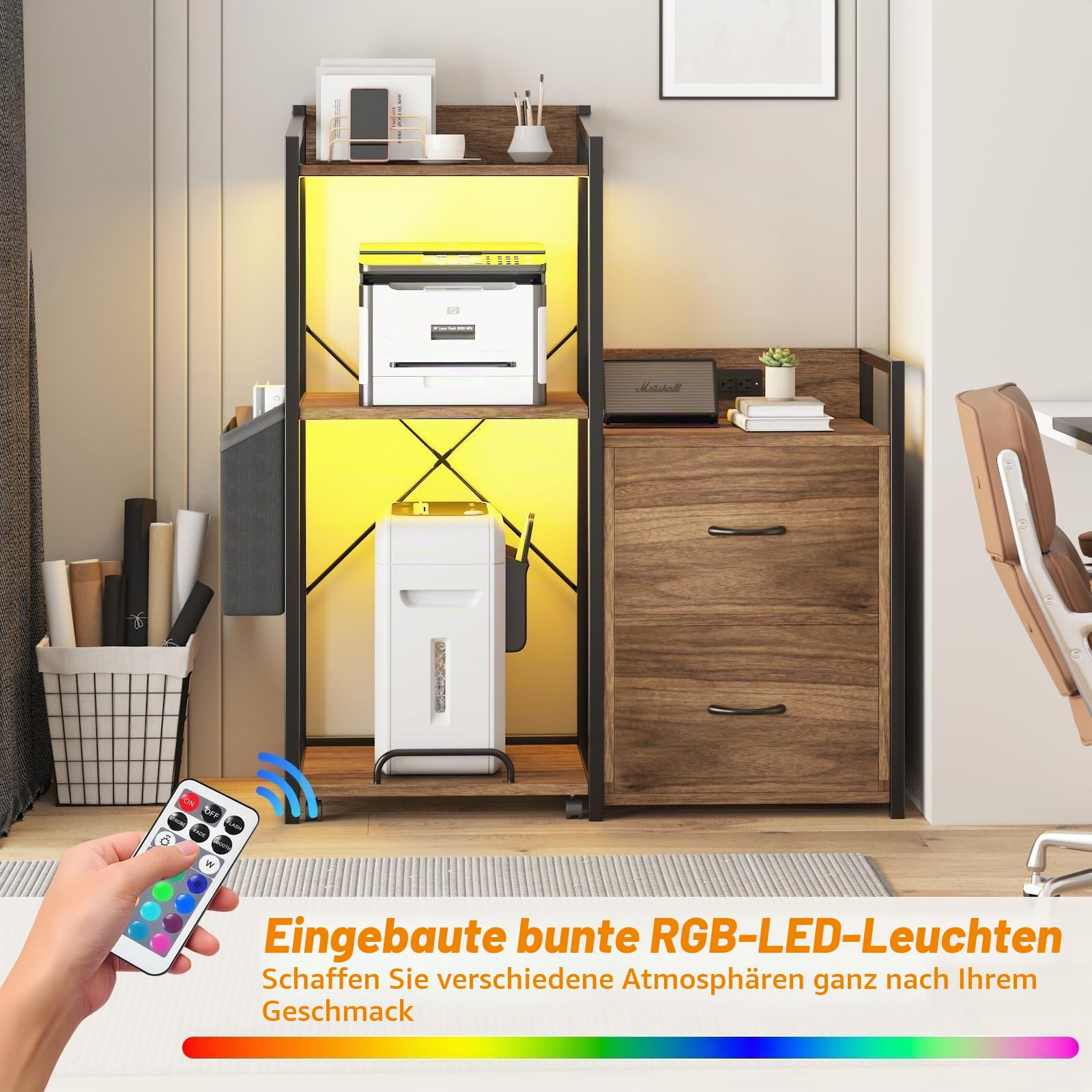 Druckerschrank mit LED, Aktenschrank mit LED-Beleuchtung & Ladestation, Großes 3-stöckiges Druckerregal mit Schubladen, Ablagen für Fax, Aktenvernichter & PC-Tower, ideal fürs Büro
