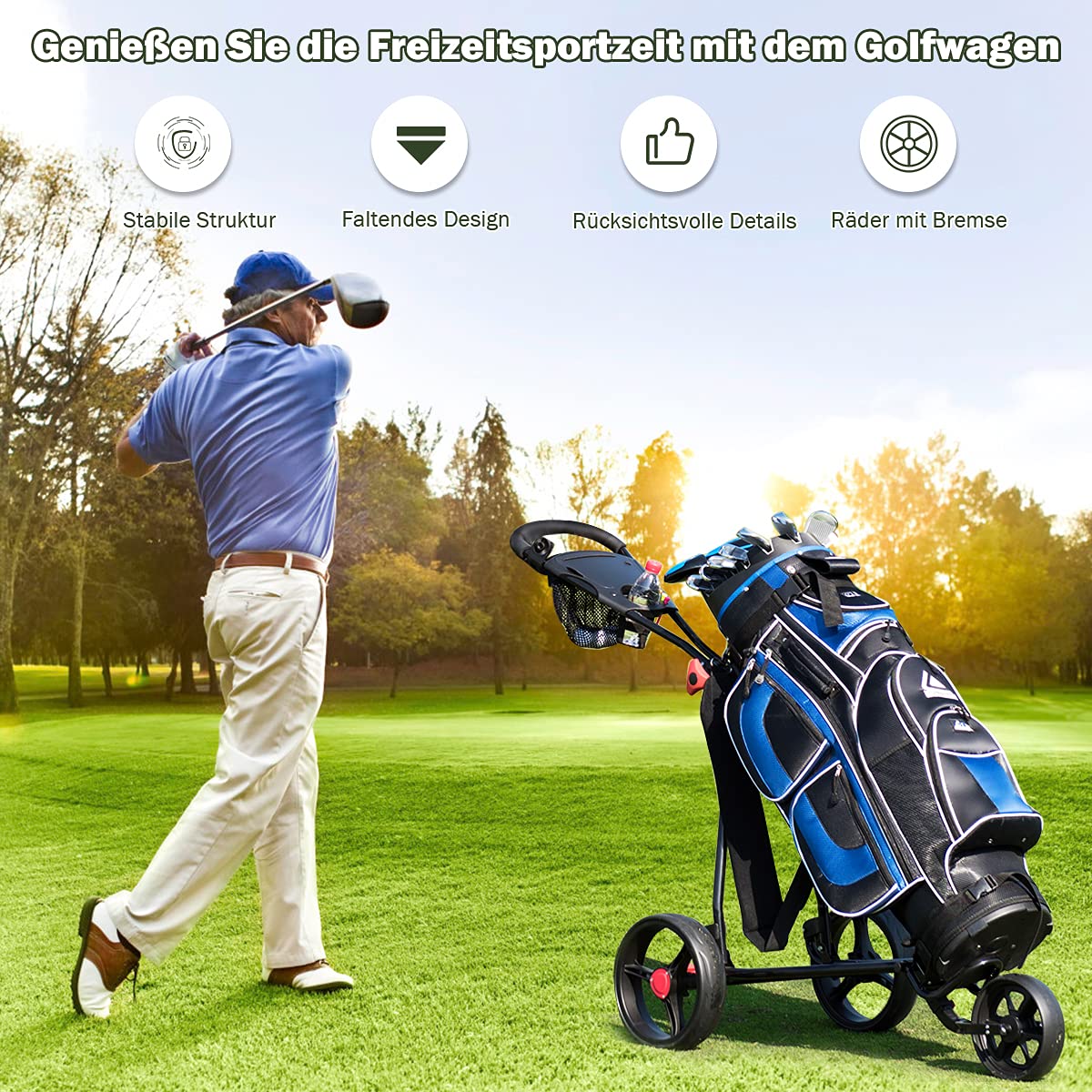 GOPLUS Golf Trolley, Golfwagen klappbar mit 3 Rad & verstellbarem Handgriff, Golf Cart leicht mit Hinterradbremse, Golf Caddy inkl.Trinkflaschenhalter, Schirmhalter & Netztasche, Schwarz