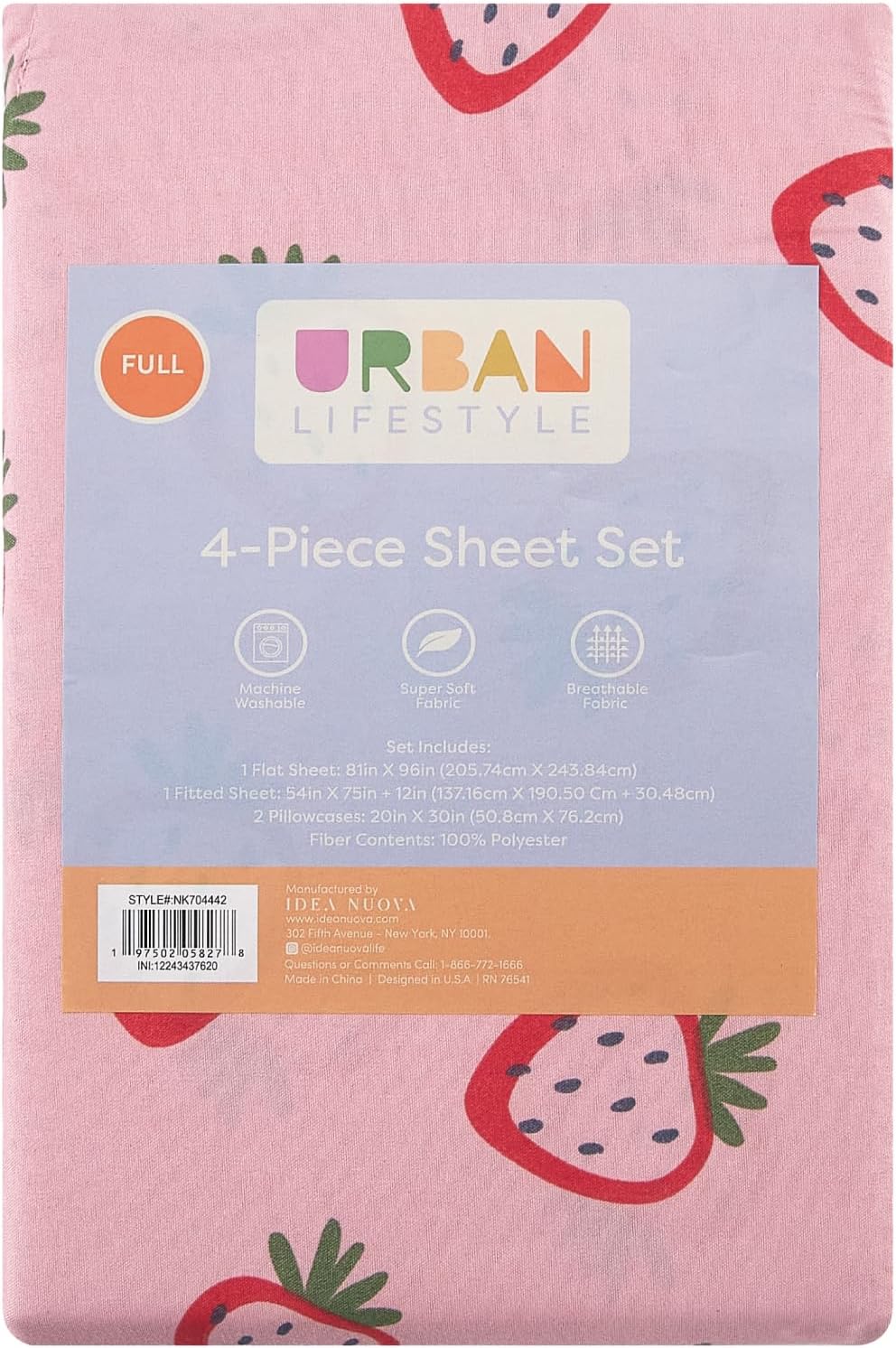 Urban Lifestyle 4 Piece Sheet Set, Including Top Sheet, Fitted Sheet and 2 Pillow Cases, Pink Strawberry, Full - Image 4