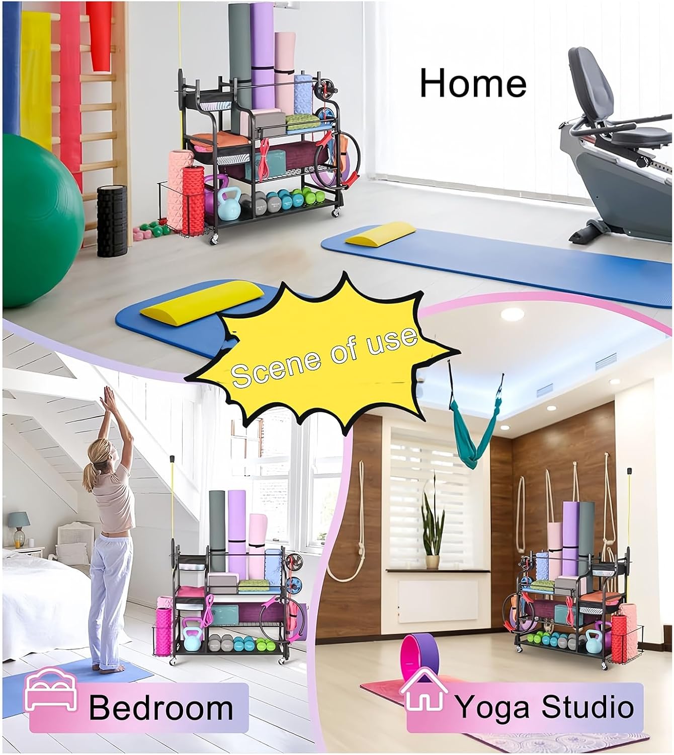 Dumbbell Rack Weight Stand,Storage Rack for Yoga Mat Kettlebells and Strength Training Equipment,All in One Workout Storage with Wheels and Hooks