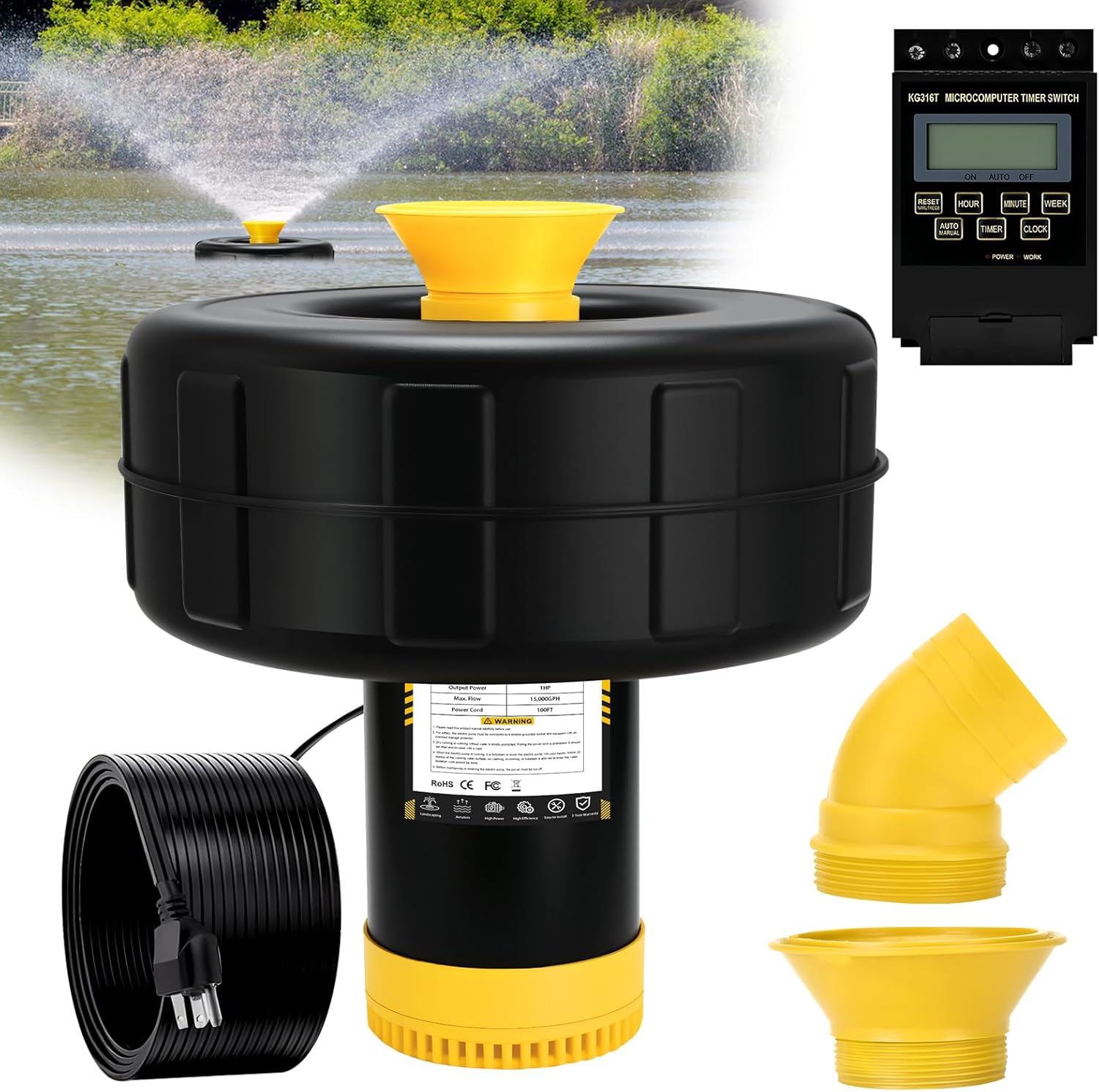 Pond Fountain Aerator, 1HP 10000 GPH Floating Aerating Fountain Pump with Timer & 100FT Cord, Jet System for Large Outdoor Ponds & Lakes