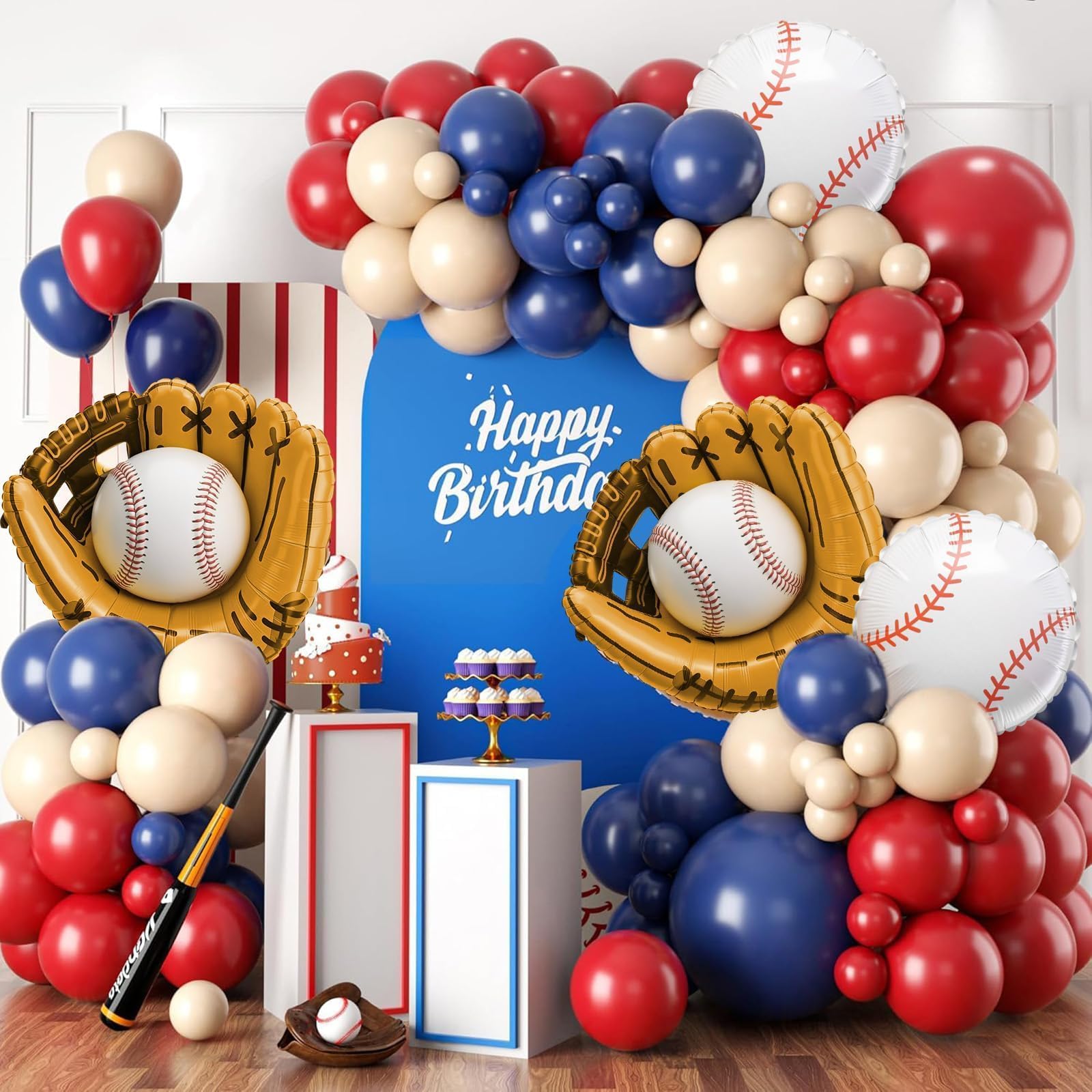 Baseball Birthday Party Decorations, Navy Blue Red Nude Balloon Arch with Baseball Glove Foil Balloons for Boys Girls Summer Birthdays Party Baseball
