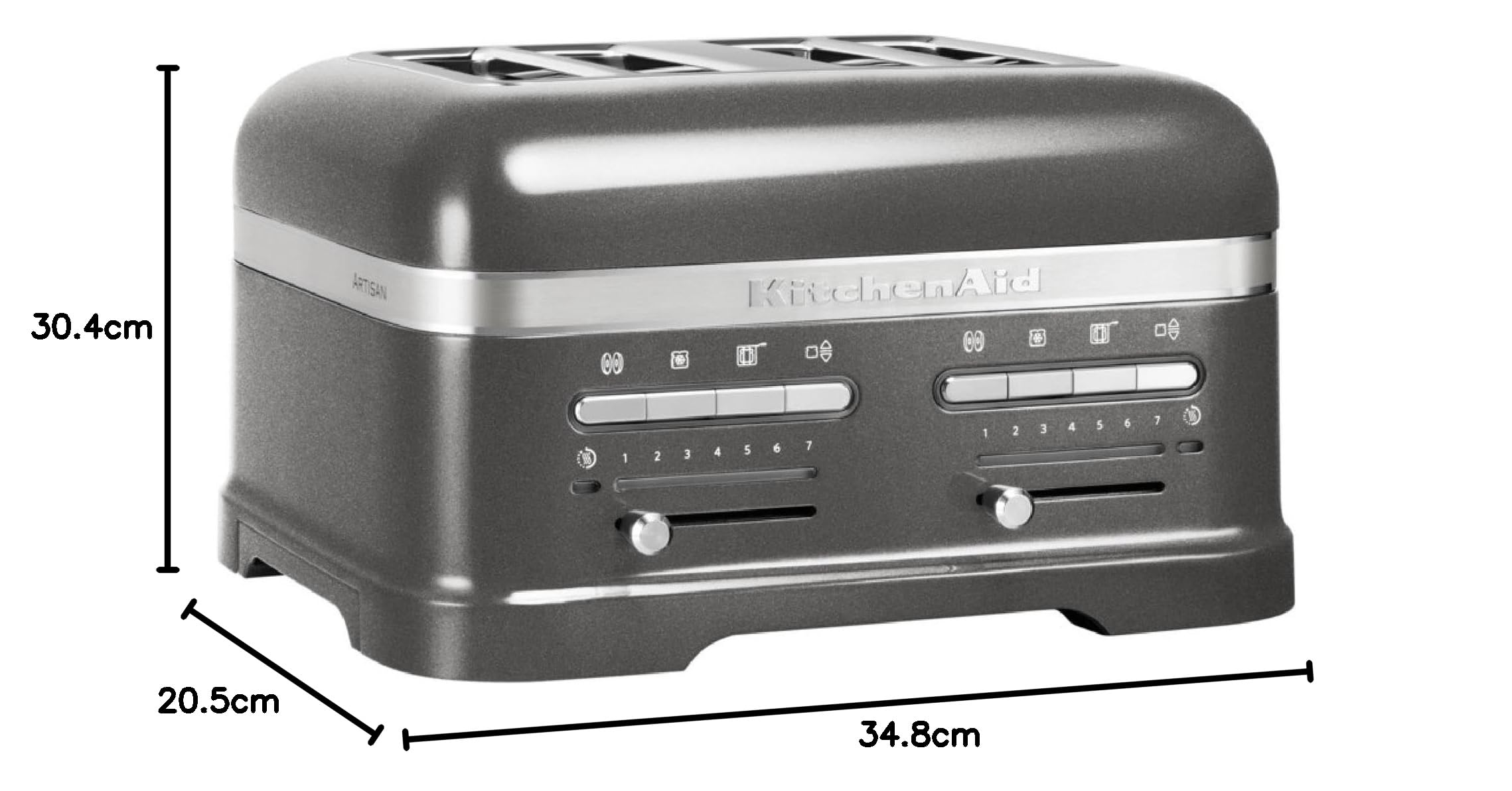 KitchenAid Tostadora de Pan con 4 Ranuras Ancha - Artisan - Para Diferentes Tipos de Pan - 7 Niveles de Tostado - Con Rejilla para Sándwiches - Plata - 5KMT4205EMS - 2500W