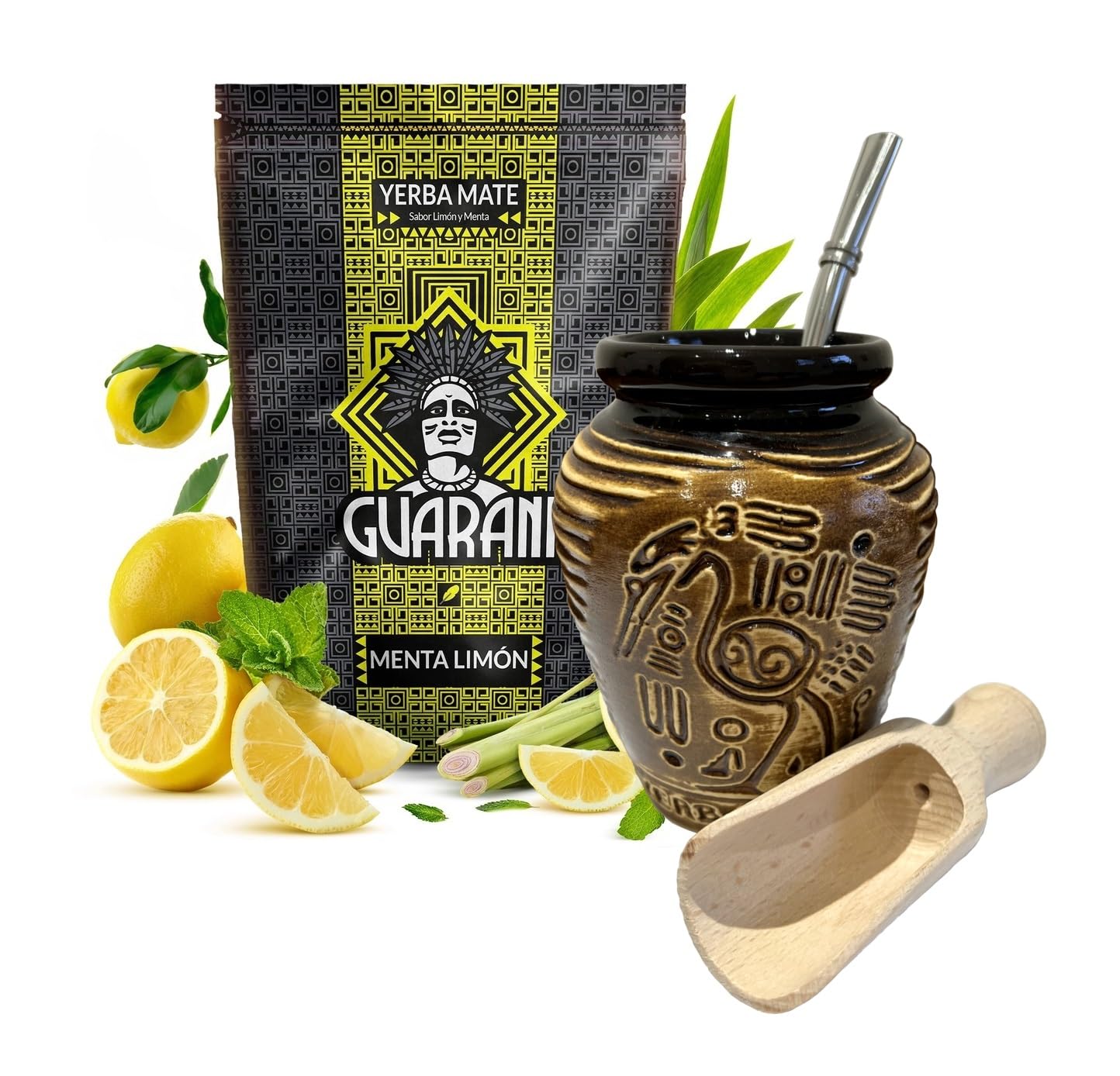 Guarani Yerba Mate Tea Set | Natural Strong Energy Drink | Mate Tea Complete Set | Begginer's Kit | Yerba Mate GUARANI Mint & Lemon 500g | Ceramic Bird Cup Gourd 300ml | Stainless Bombilla