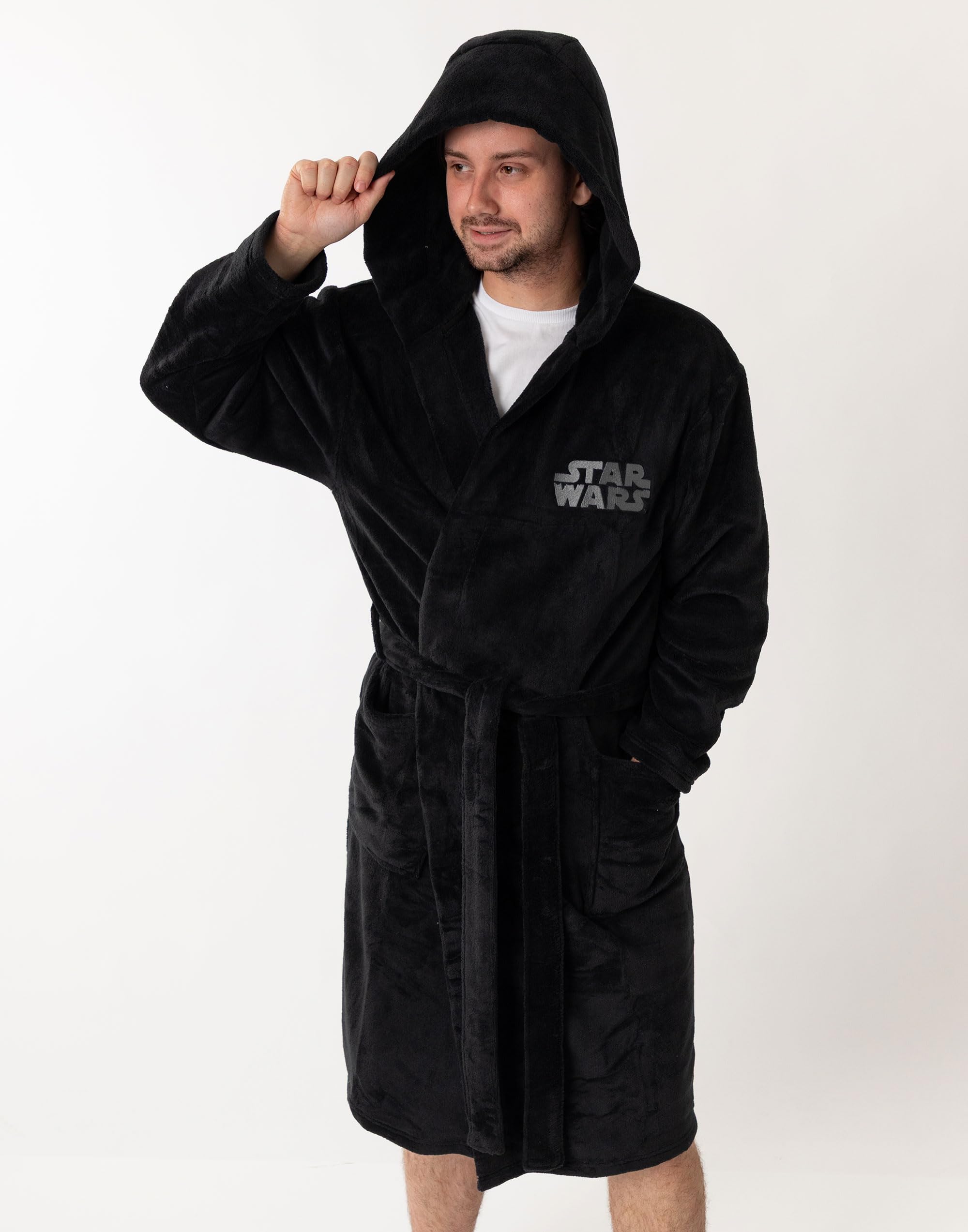 Star Wars Albornoz negro con capucha de Darth Vader para hombre | Ropa de estar en casa de forro polar retro con texto Ven al Lado Oscuro | Albornoz cómodo para relajarse | Merchandising