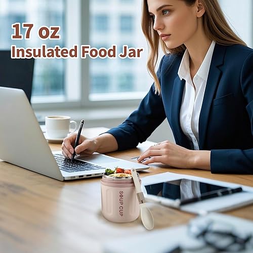 Miniatura 6 de Tarro aislado para alimentos con cuchara, recipiente térmico para alimentos fríos y calientes de 17 onzas, boca ancha, a prueba de fugas, acero