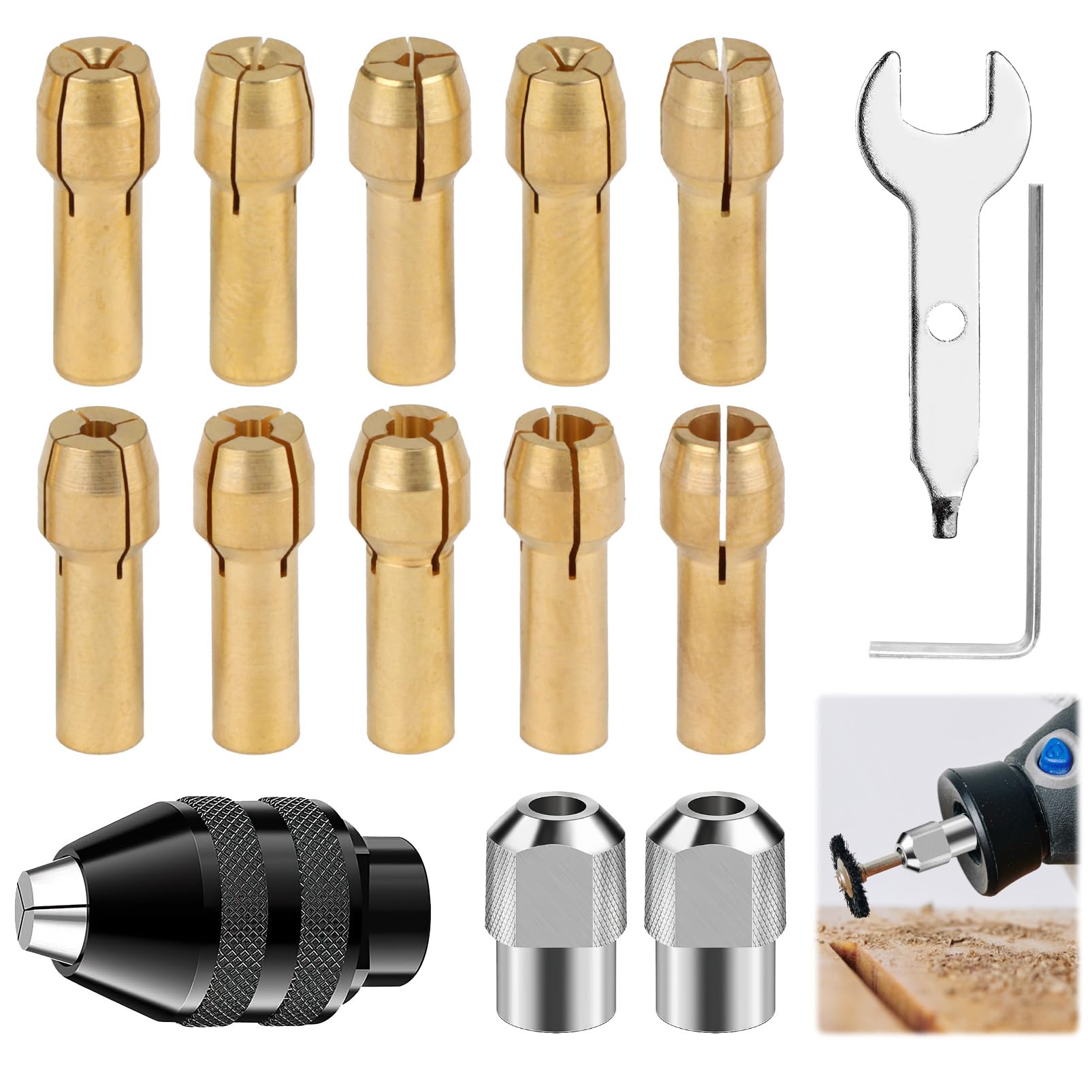 4486 Multi Drill Chuck Collet Set for Dremel, 15Pcs 4485 Brass Collet Keyless Drill Chuck Bit 0.5–3.2mm Shank Replacement Metal Nut Rotary Tool Quick Change Accessory 3000 4000 7700 8200