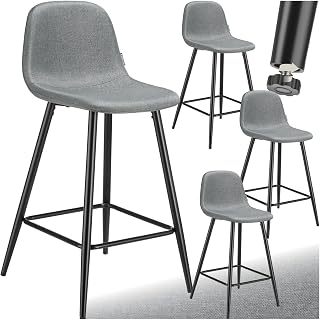 TecTake® Taburete Alto con Respaldo, Acolchado, Reposapiés, Tejido Fácil De Cuidar, Patas De Acero, Pies Antideslizantes, Altura Ajustable, Silla Cocina o Bar, Banqueta - 4 sillas Gris Oscuro/Negro