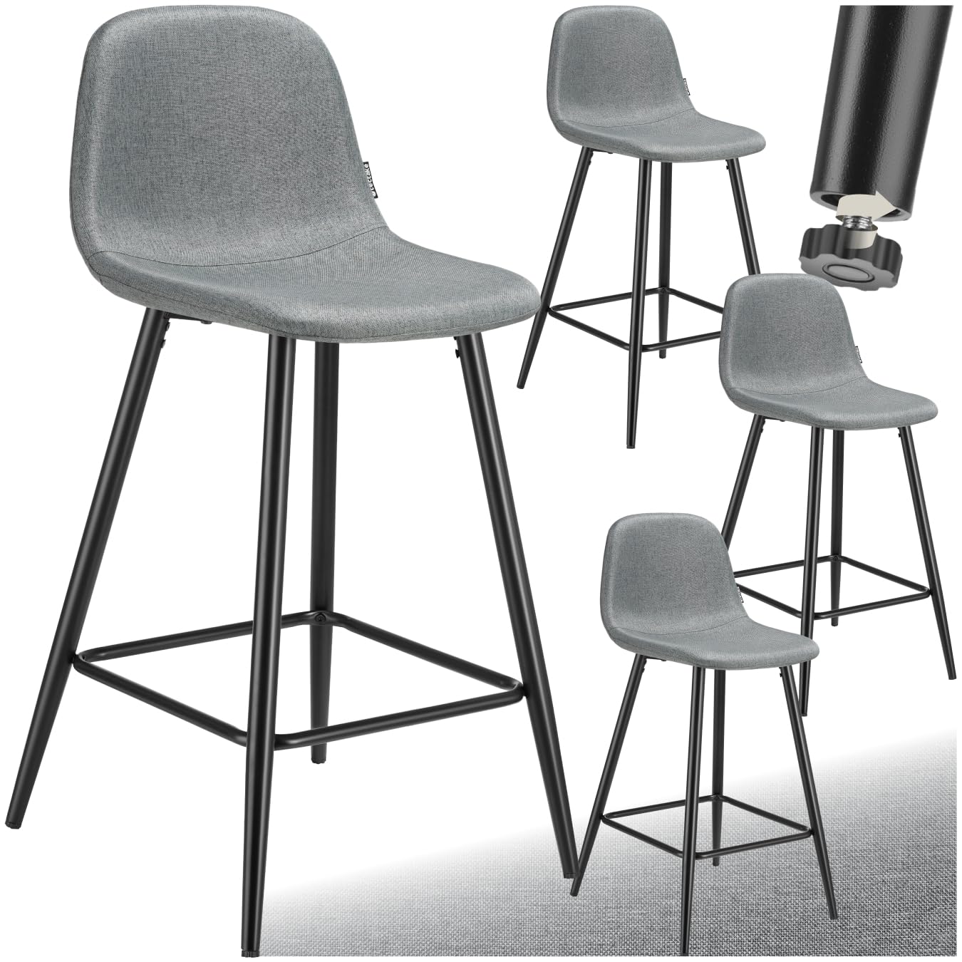 TecTake® Taburete Alto con Respaldo, Acolchado, Reposapiés, Tejido Fácil De Cuidar, Patas De Acero, Pies Antideslizantes, Altura Ajustable, Silla Cocina o Bar, Banqueta - 4 sillas Gris Oscuro/Negro