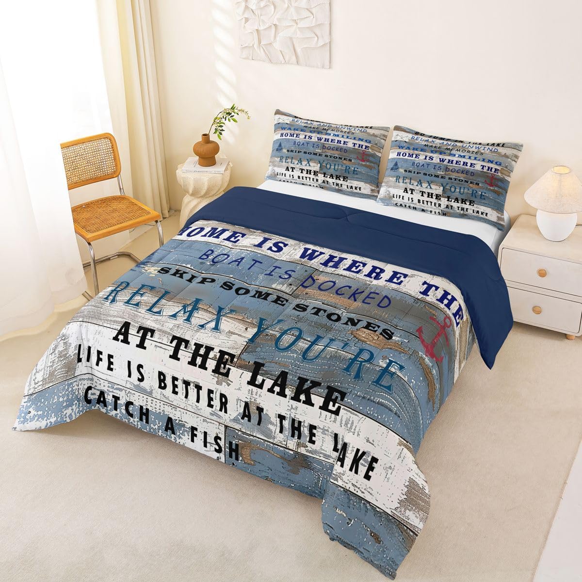 Queen Lake Rules Comforter Set, Rustic Cabin Camping Bedding Comforter Sets Teal Wooden Board Country Farmhouse Duvet Insert Inspirational Words Quilted Duvet Gift For Lake Lover, 2 Pillow Cases