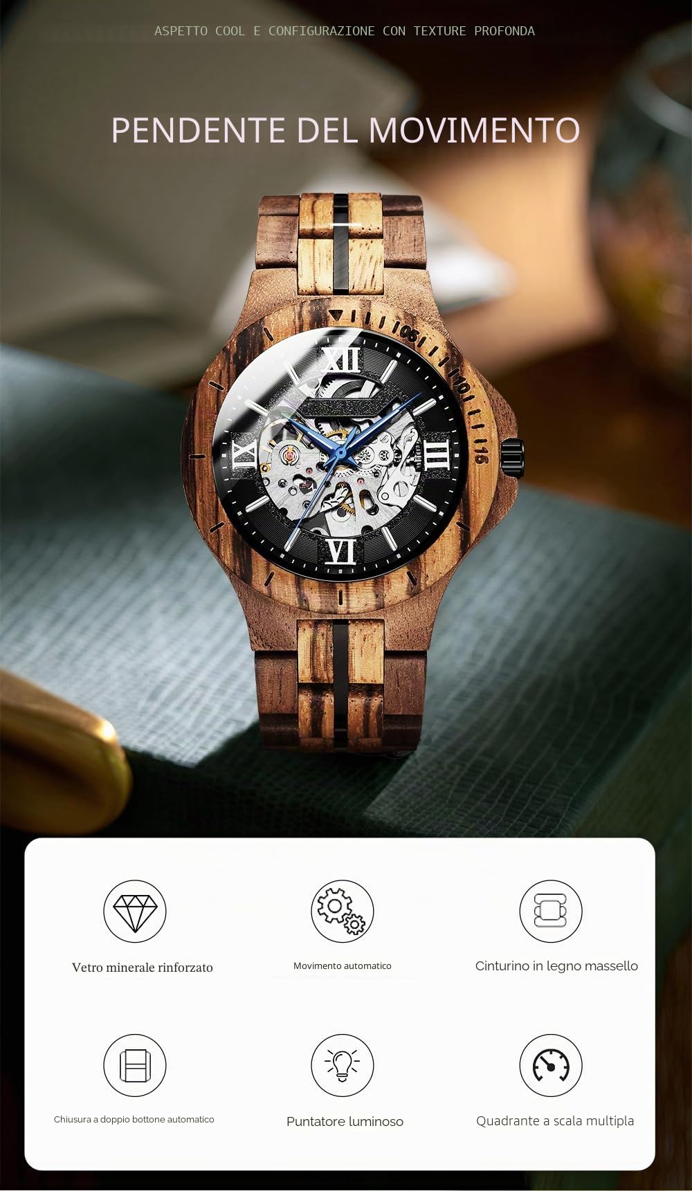 FORSINING Orologio da polso da uomo, alla moda, classico, design in legno, automatico, meccanico, luminoso, impermeabile