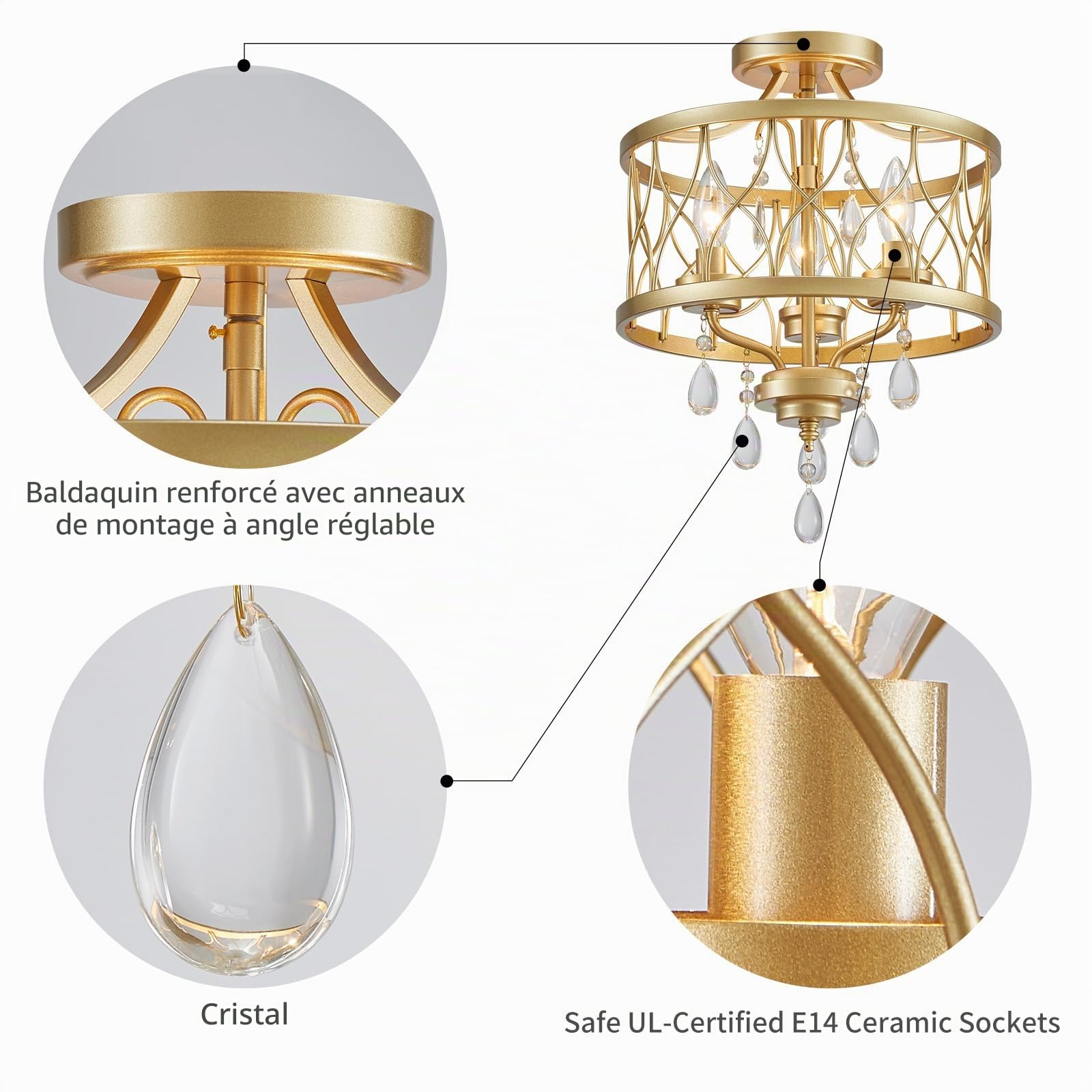 WUZUPS lustre 3-lumière vintage ferme industrielle semi-flush montage plafond luminaire éclairage moderne pour foyer chambre couloir chambre de stockage cuisine, H 40,6 x L 32,5, E14 Base, or