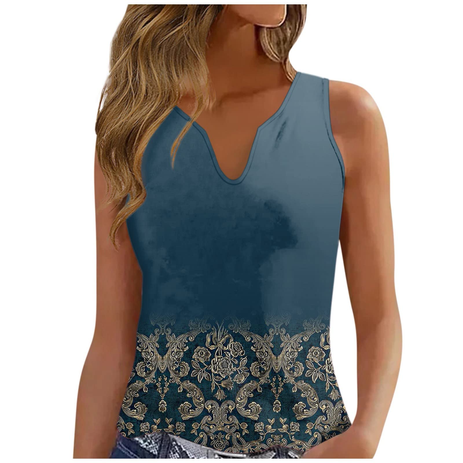 Tank Top for Women V-Neck Vest Loose Vintage Print Sleeveless T-Shirt Camisole Off The Shoulder Shirts for Women