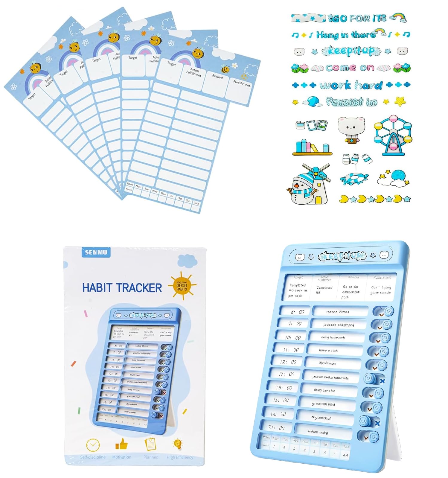 SAMVARDHAN Habit Tracker Kids Chore Chart, Plastic Checklist Board with 15 Detachable Cardstock to Do List for Home Routine Planning Board, Schedule Organizer ,Time Management for Kids and Adults (Blue)-picture-28