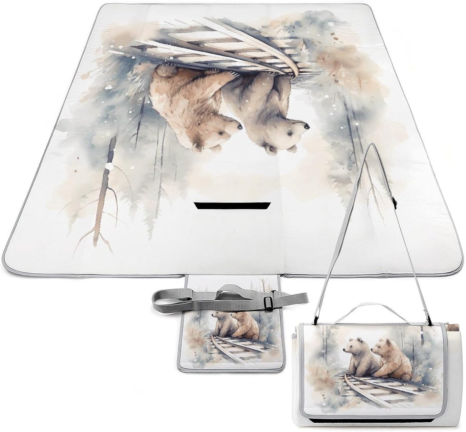 Bear on Train Tracks Waterproof Picnic Blanket 58.3''x58.3'',Portable and Foldable Picnic Mat with Handle,Outdoor Blankets for Lawn Park Beach Travel