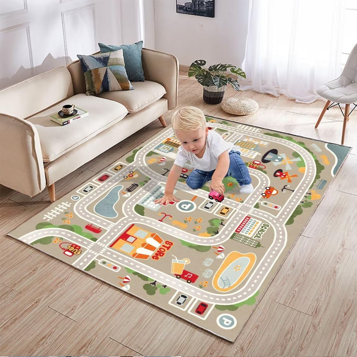 Car Rugs Play Mat for Toy Cars，Kids Rug with Roads for Playroom，City Life Road Carpet for Baby Learning，Non-Slip Educational Nursery Rug for Toddlers(Grey, 80×120cm/31×47")